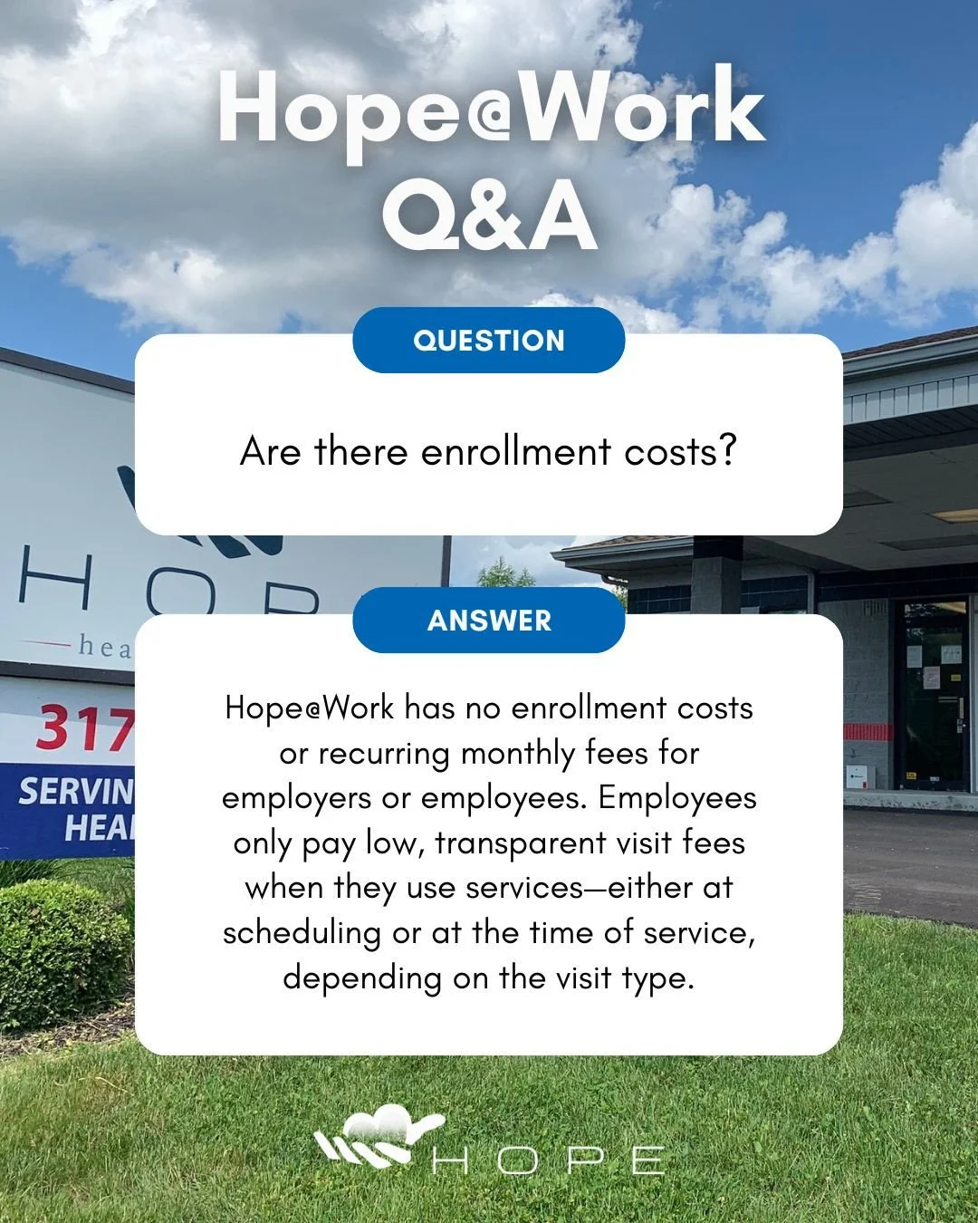 Hope@Work Q&amp;A: Are there enrollment costs? ✅⁠
Nope, there are no enrollment costs and no monthly fees for employers or employees.⁠
You only pay low visit fees when you use services.