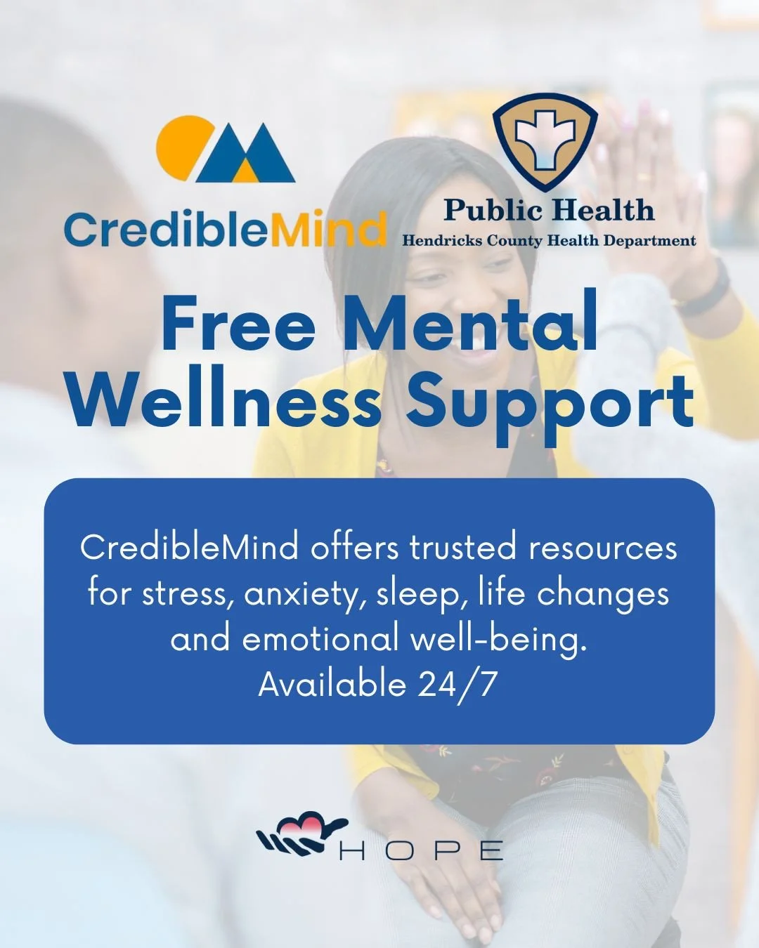 Free mental wellness support is available anytime. 💙⁠
⁠
CredibleMind, provided through the Hendricks County Health Department, offers trusted resources for stress, anxiety, sleep challenges, life changes and emotional well-being.⁠
Explore confidenti