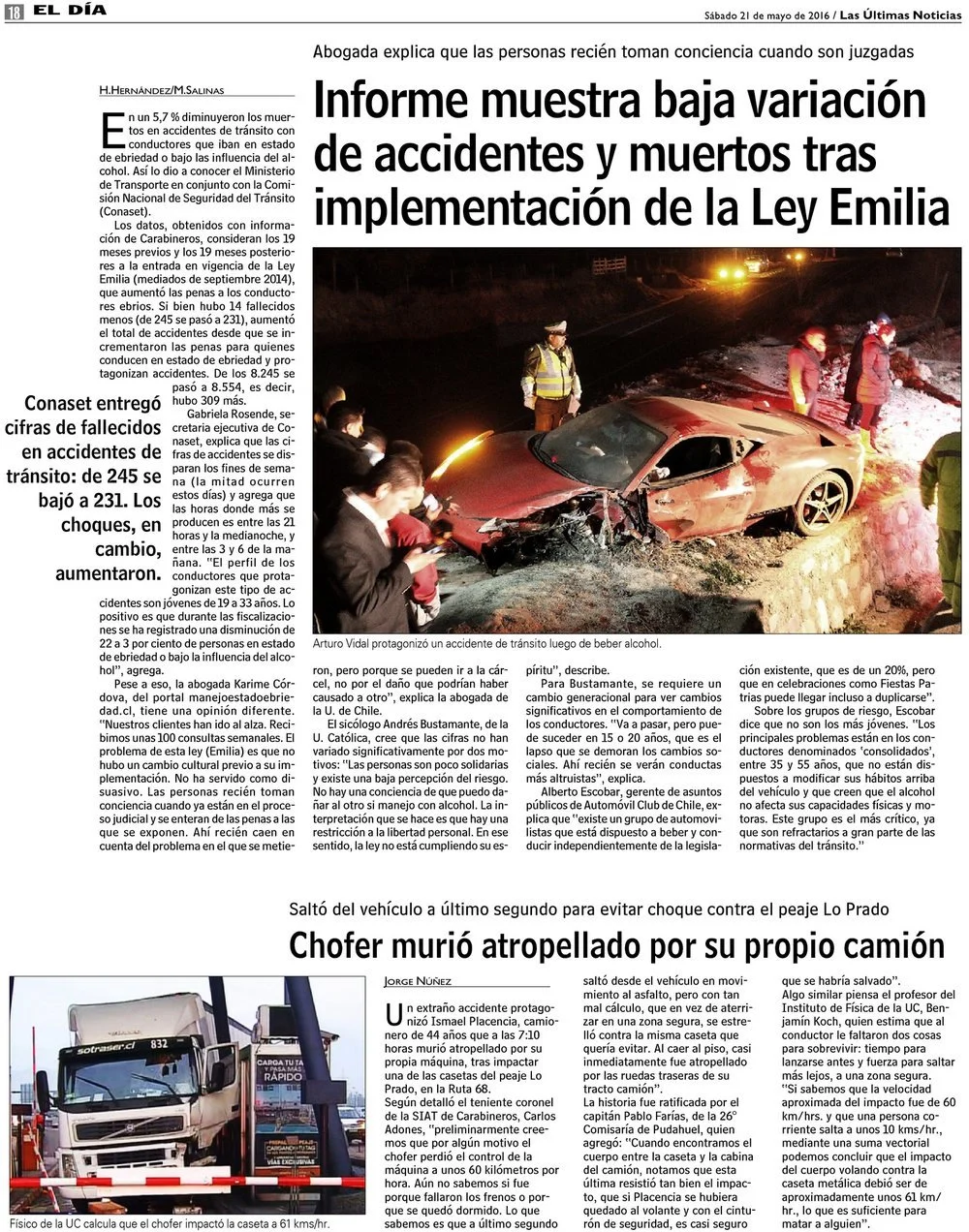 LUN.com - Informe muestra baja variación en accidentes y muertes tras implementación de la Ley Emilia.