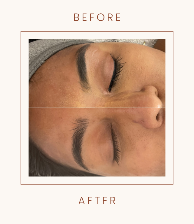 Comparison of eyebrows before and after grooming, showing a woman's closed eyes with different eyebrow shapes and thickness. The 'before' image displays less defined eyebrows, while the 'after' image shows more shaped and filled-in eyebrows.