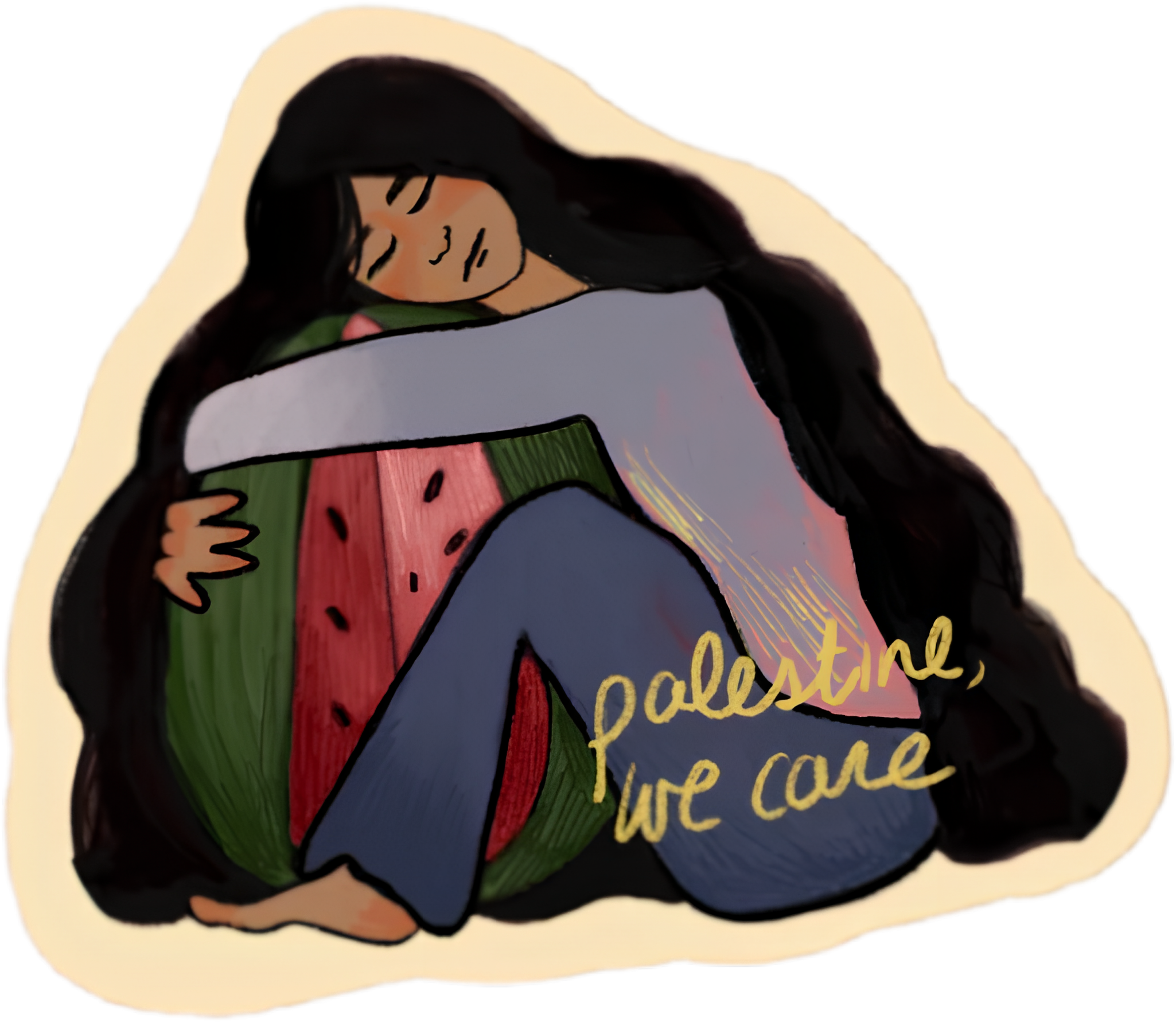 Illustration of a girl with long dark hair hugging herself, sitting with gentle expression, wearing a pink shirt, blue pants, surrounded by a green watermelon slice, with yellow handwritten text "Palestine, we care".