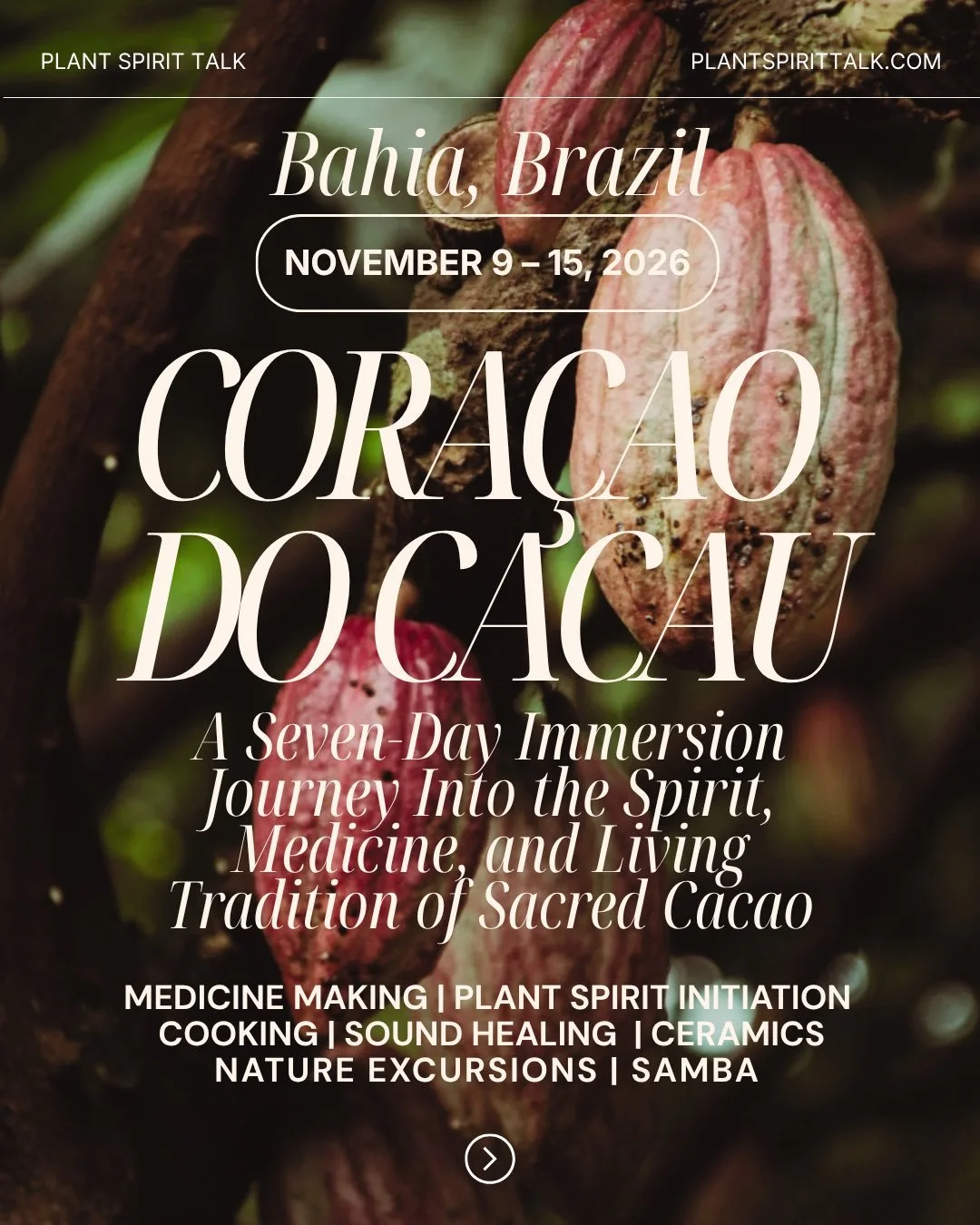 Greetings, dear community ✦

It is with full hearts that we share&hellip; 
✦ CORA&Ccedil;&Atilde;O DO CACAU ✦ 

A Seven-Day Immersion into the Spirit, Medicine &amp; Living Tradition of Sacred Cacao

📍 Bahia, Brazil &middot; November 9&ndash;15, 202