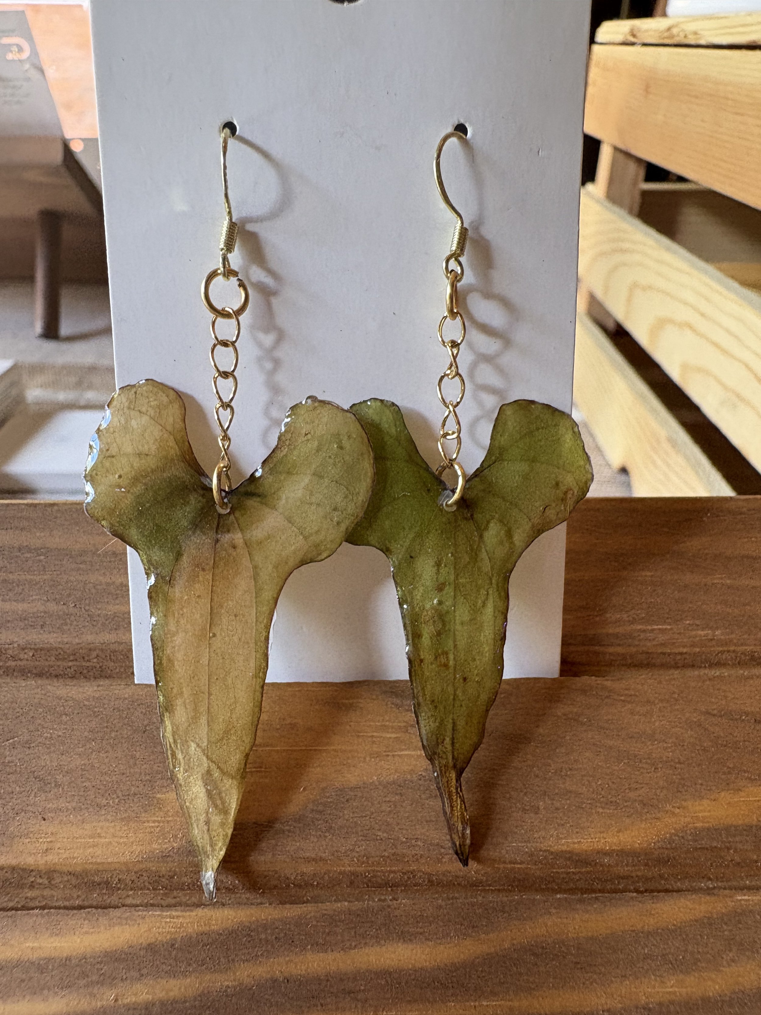 Nature Leaf Earring Pair from a native NC Choker Vine with nickel-free gold-plated chain
