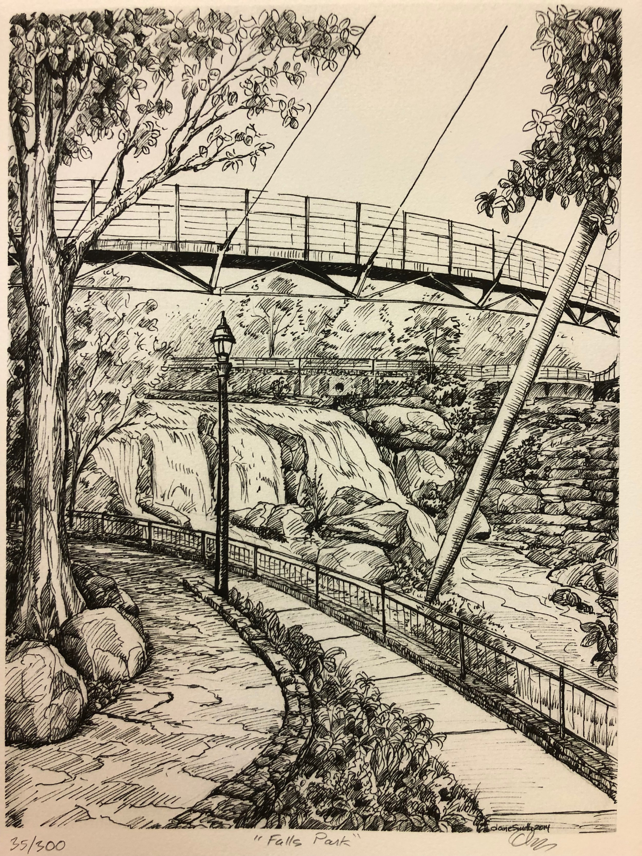 Falls Park, Greenville.
Limited edition Print, Signed and numbered by artist , approx 14"H X 11"W
