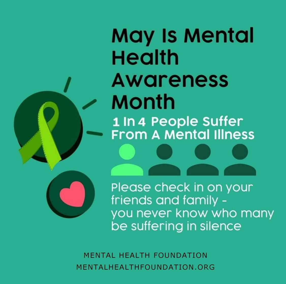 May is Mental Health Awareness Month. Check in on your friends and loved ones. Be kind. #breakthestigma💚