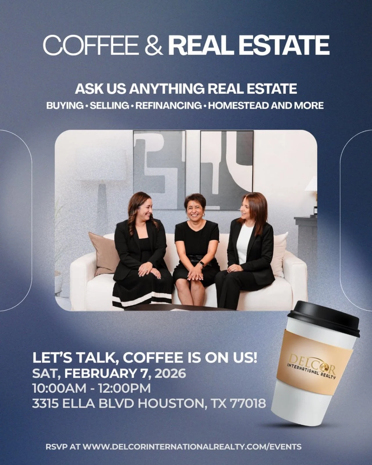 Join us for Coffee &amp; Real Estate, a casual morning to talk all things real estate, including buying, selling, refinancing, homestead exemptions, and more.

📅 February 7, 2026
⏰ 10:00 AM &ndash; 12:00 PM
📍 3315 Ella Blvd, Houston, TX 77018

Got 