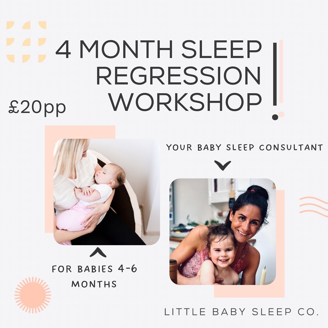 Affordable 4 Month Sleep Regression Workshop for babies 4-6 Months 

Tuesdays, 12.30-2.30pm, Online 
&pound;20pp

The 4 Month Sleep Regression is often the hardest and most confusing for parents. Babies who were previously sleeping well are suddenly 