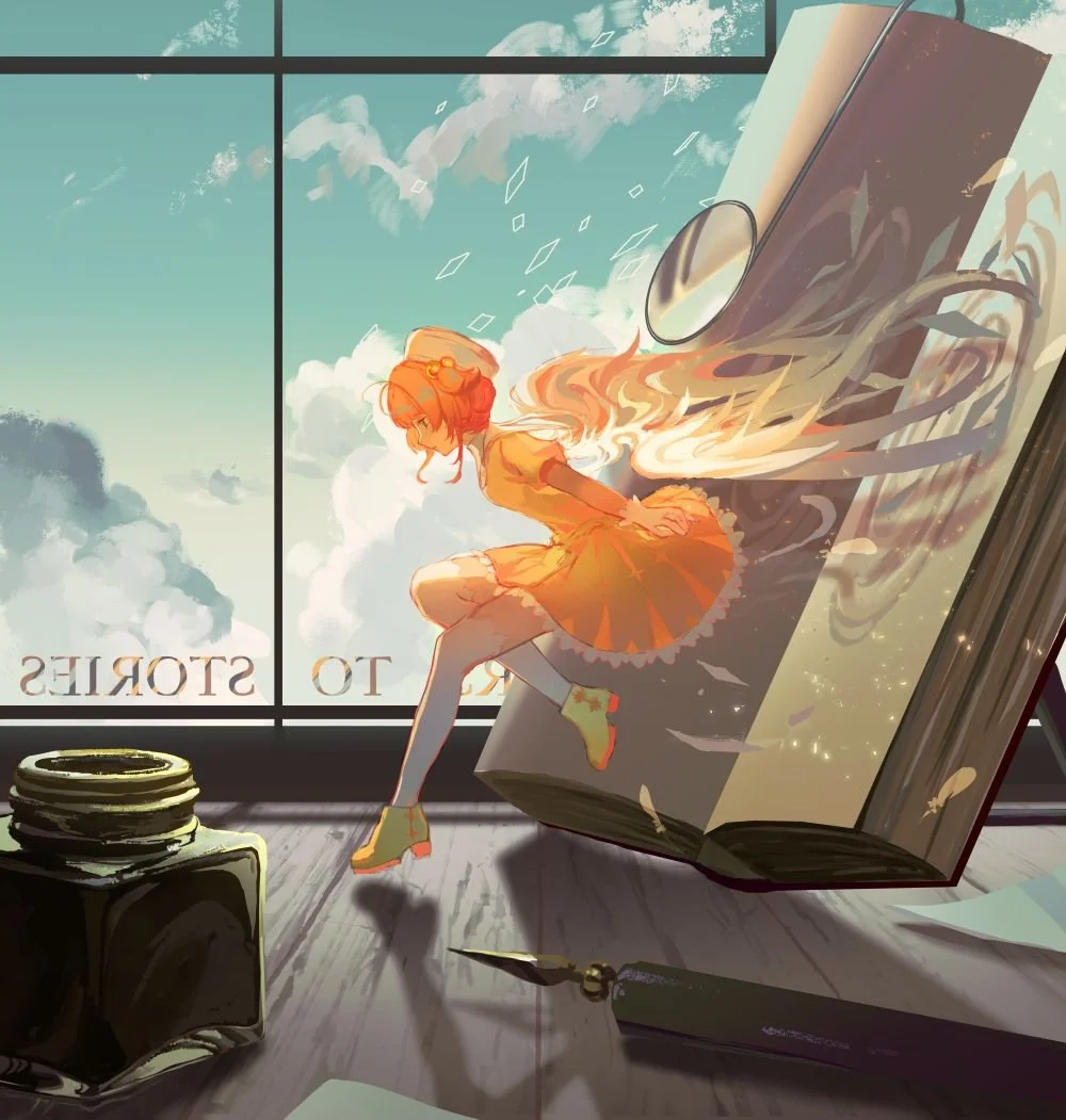 A drawing of an anime character in an orange dress