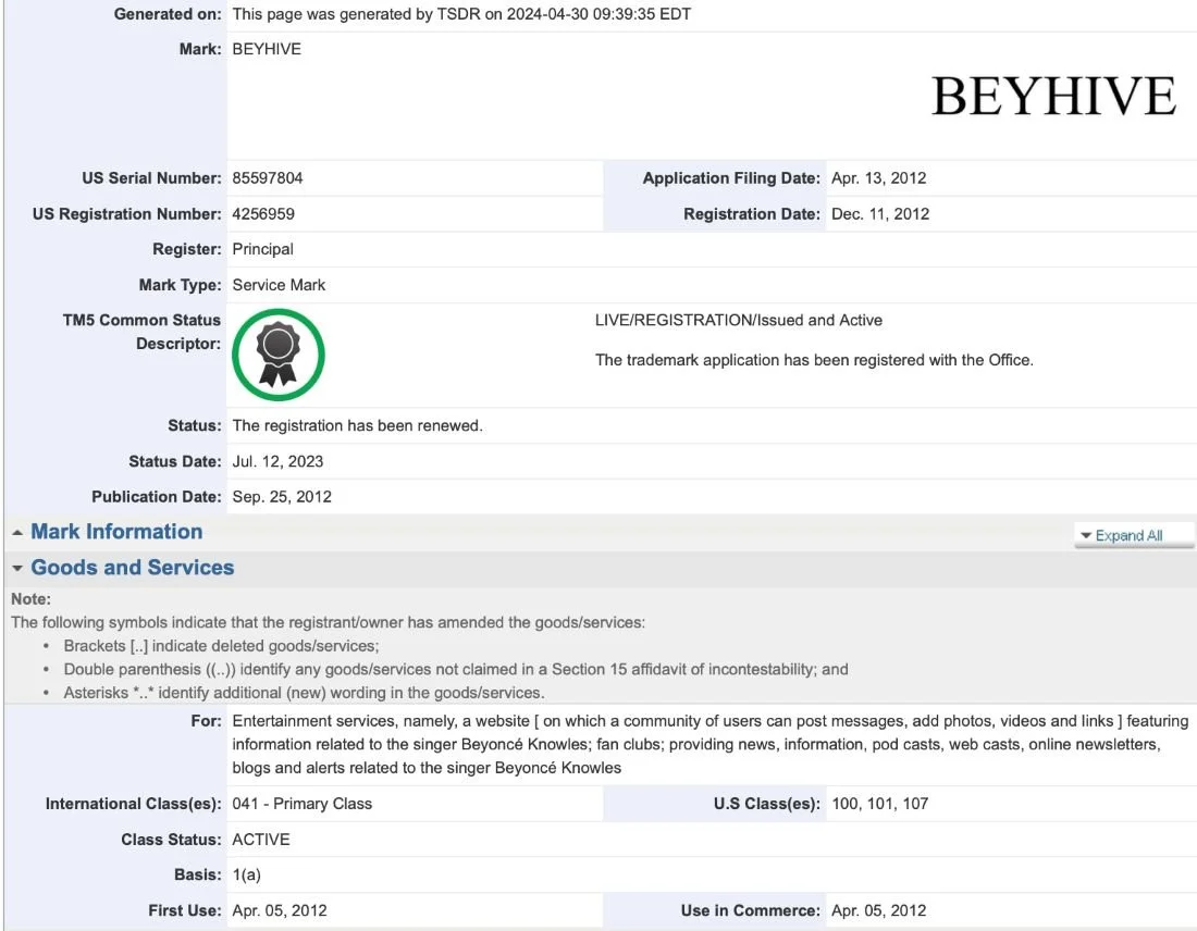 Trademark registration of Beyonce