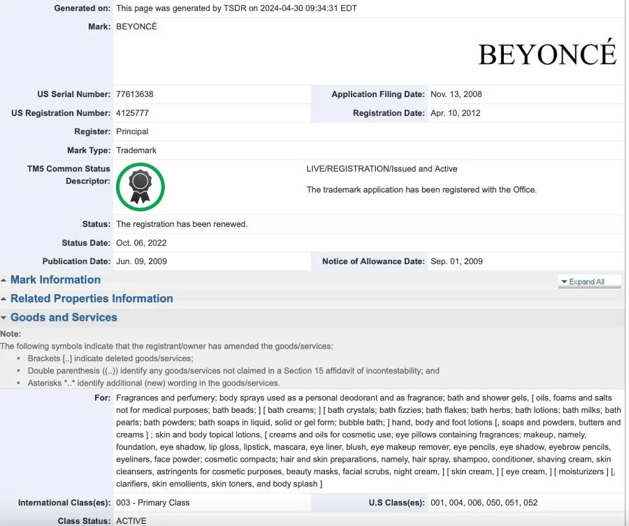 Trademark registration of Beyonce