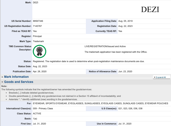 Trademark registration owned by Desi Perkins