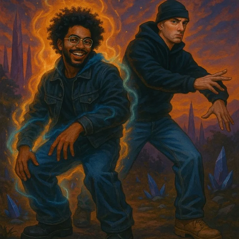Two male musicians standing side by side