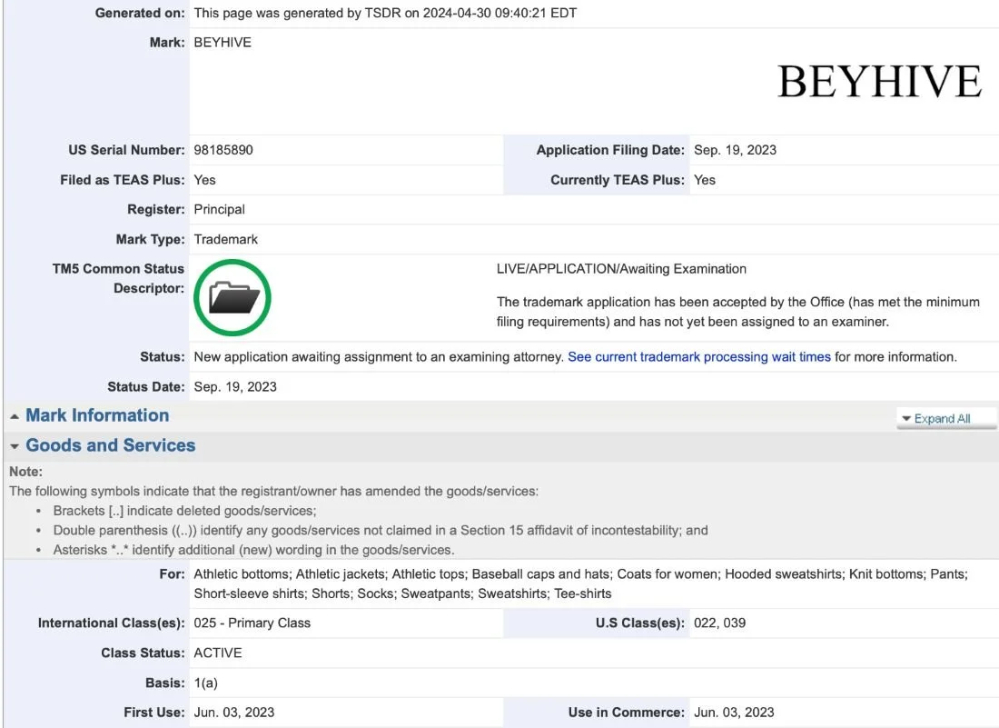Trademark registration for Beyhive