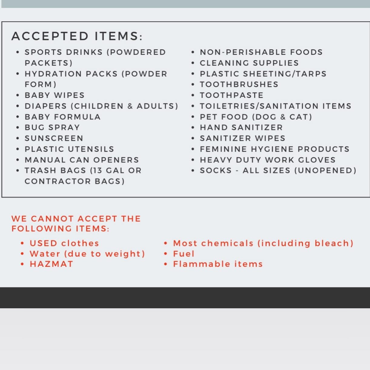 These are the items you can donate at our @campnorthend location! 

#CommunityFirst 👏🏾👏🏾