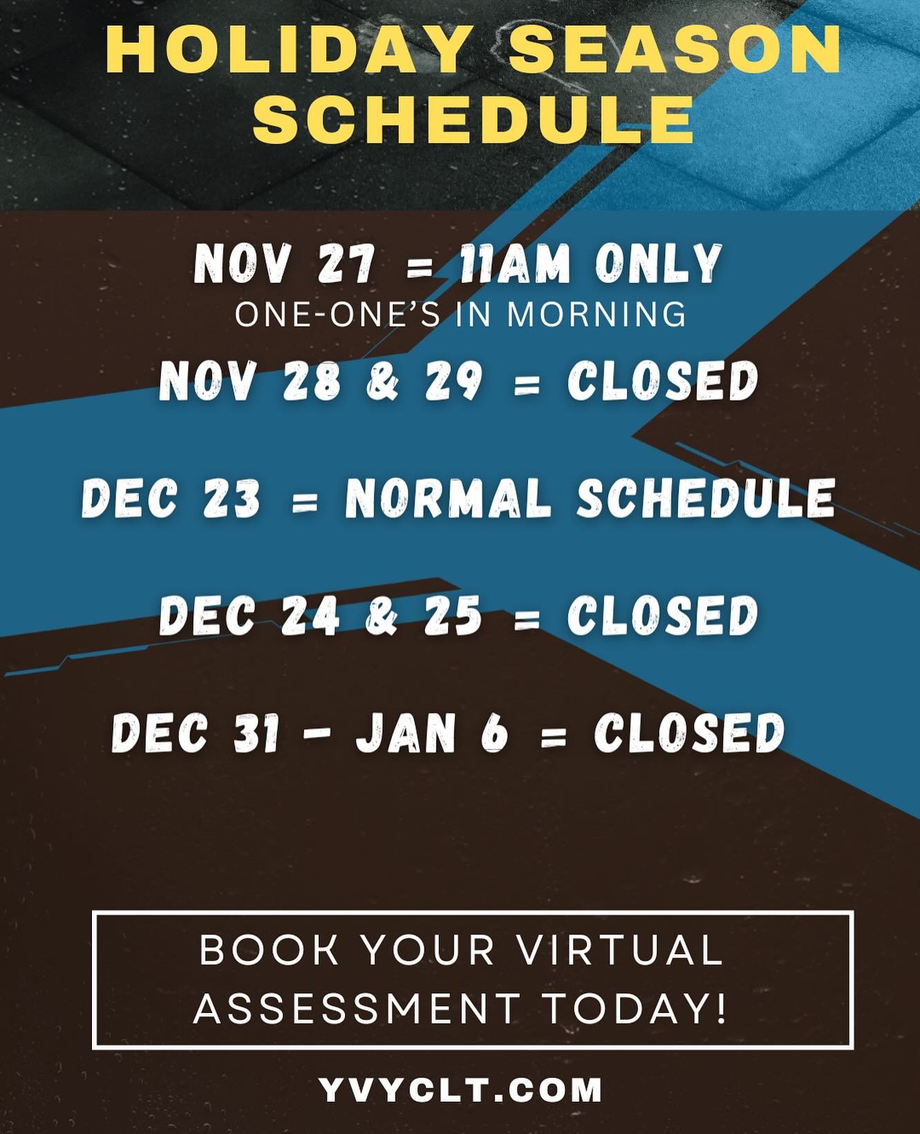Happy Holidays #YVYFam!! Check out our #PrivateTraining schedule for remainder of the year. 

👏🏾👏🏾