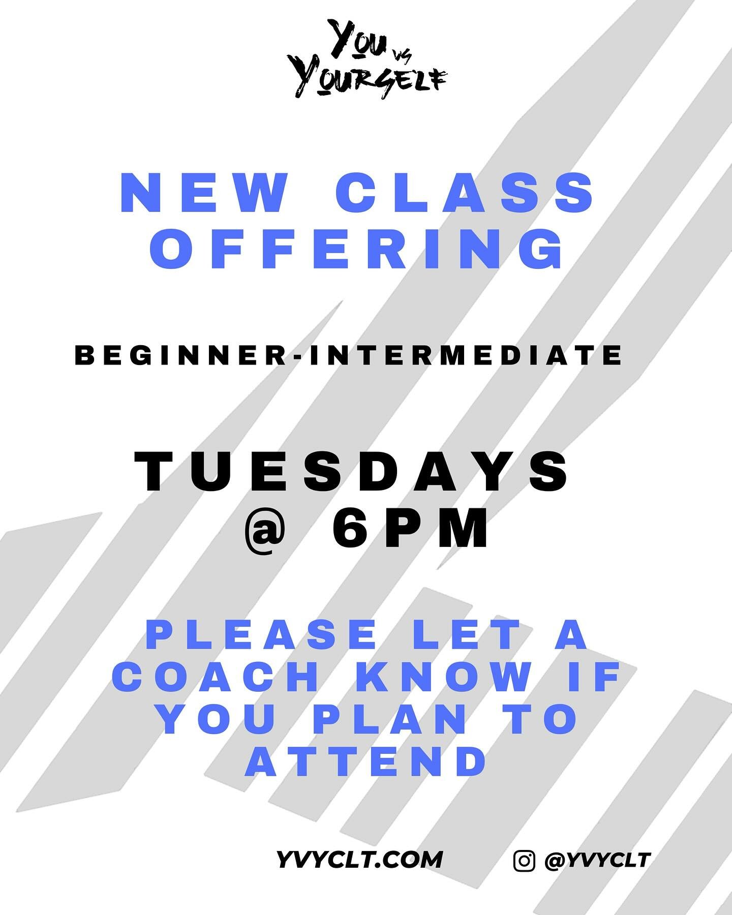 🙌🏽 NEW CLASS OFFERING for Private Members

EVERY TUESDAY @ 6pm 
Fitness Level ::: Beginner - Intermediate 

Please let a coach know if you plan to attend. 👏🏾👏🏾