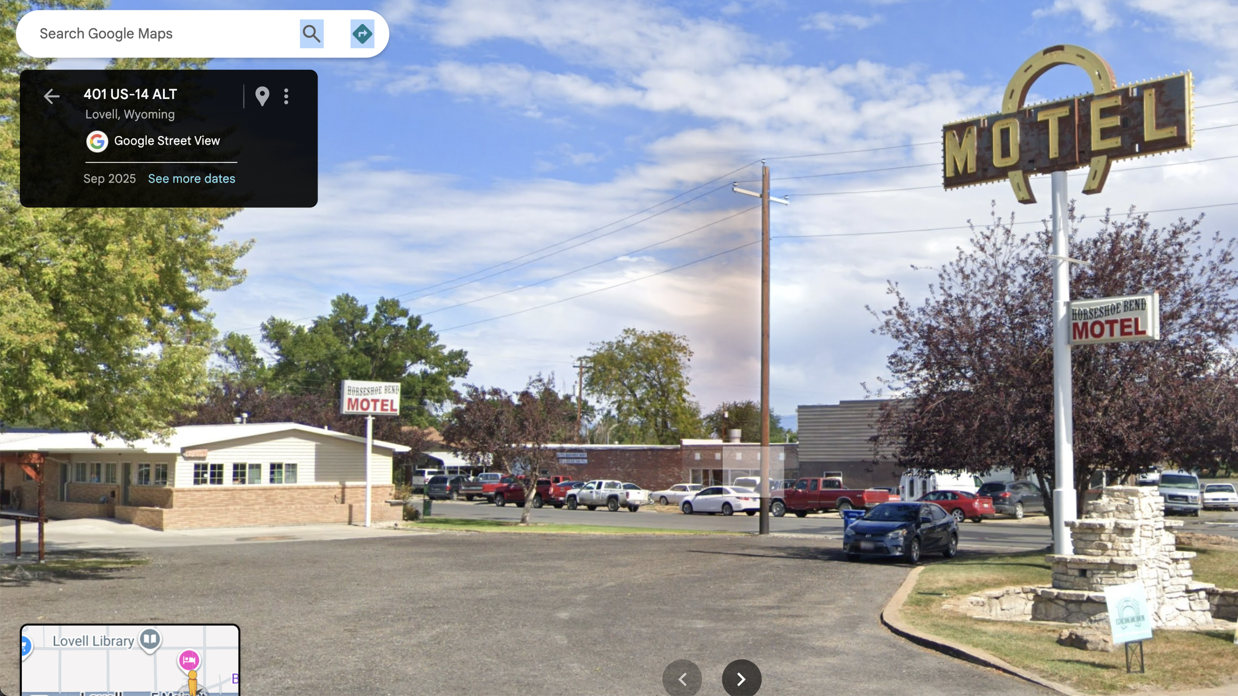 23_Horseshoe Bend Motel, Lowell, Wyoming, July 16, 1973. It was not possible to get the same angle because the Google car did not enter the carpark so the captured view from the sign looking in rather than the other way around.