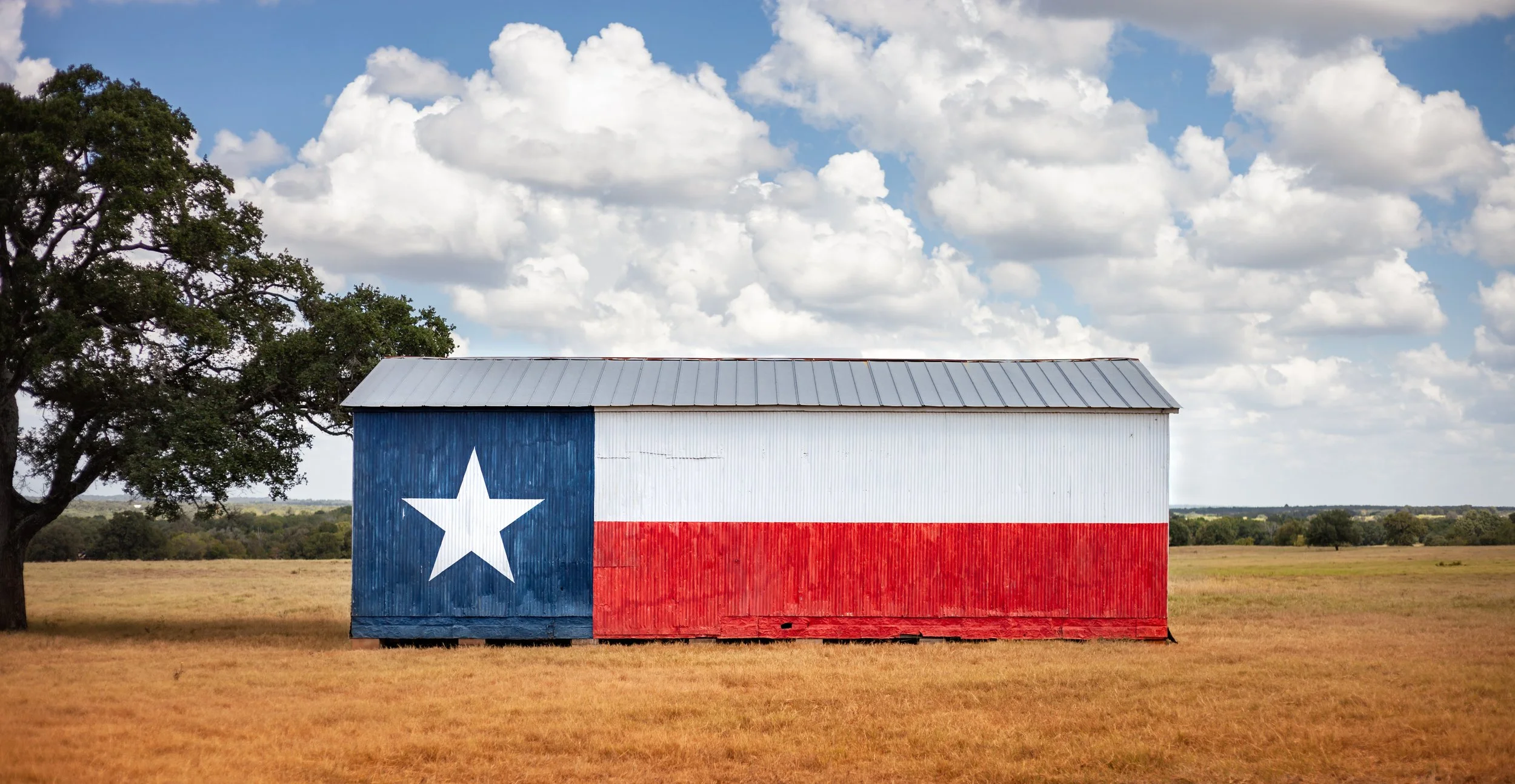 A barn painted to resemble the Texas flag, with a blue vertical band containing a white star on the left, and horizontal white and red stripes on the right, in a rural open field with a tree and cloudy sky in the background.