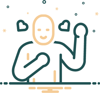 Icon of a person with their right hand on their heart and left hand held up with hearts above their shoulders illustrating truth