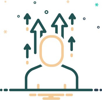 Icon showing a person with arrows point upward above the head and shoulders representing emergence and vertical development