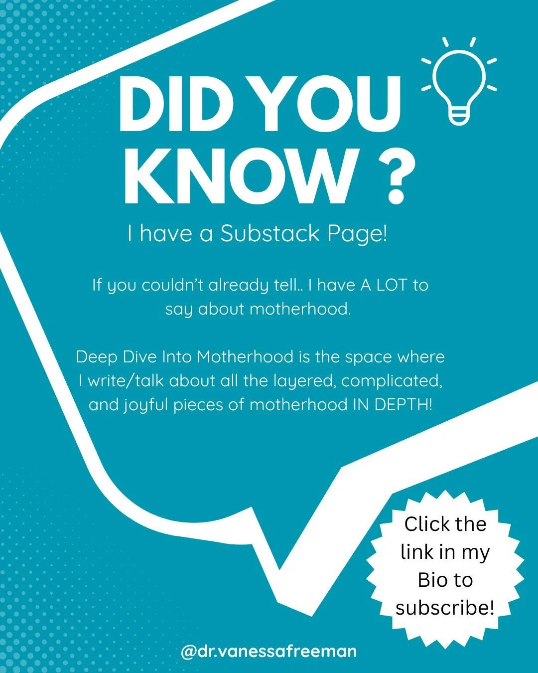 IG doesn't really allow me to go as in depth as I would like about all things motherhood. 

That's why I started a Substack page. Over there I hope to dive deeper into the topics that I've talked about on IG and with various moms in my life. 

Click 