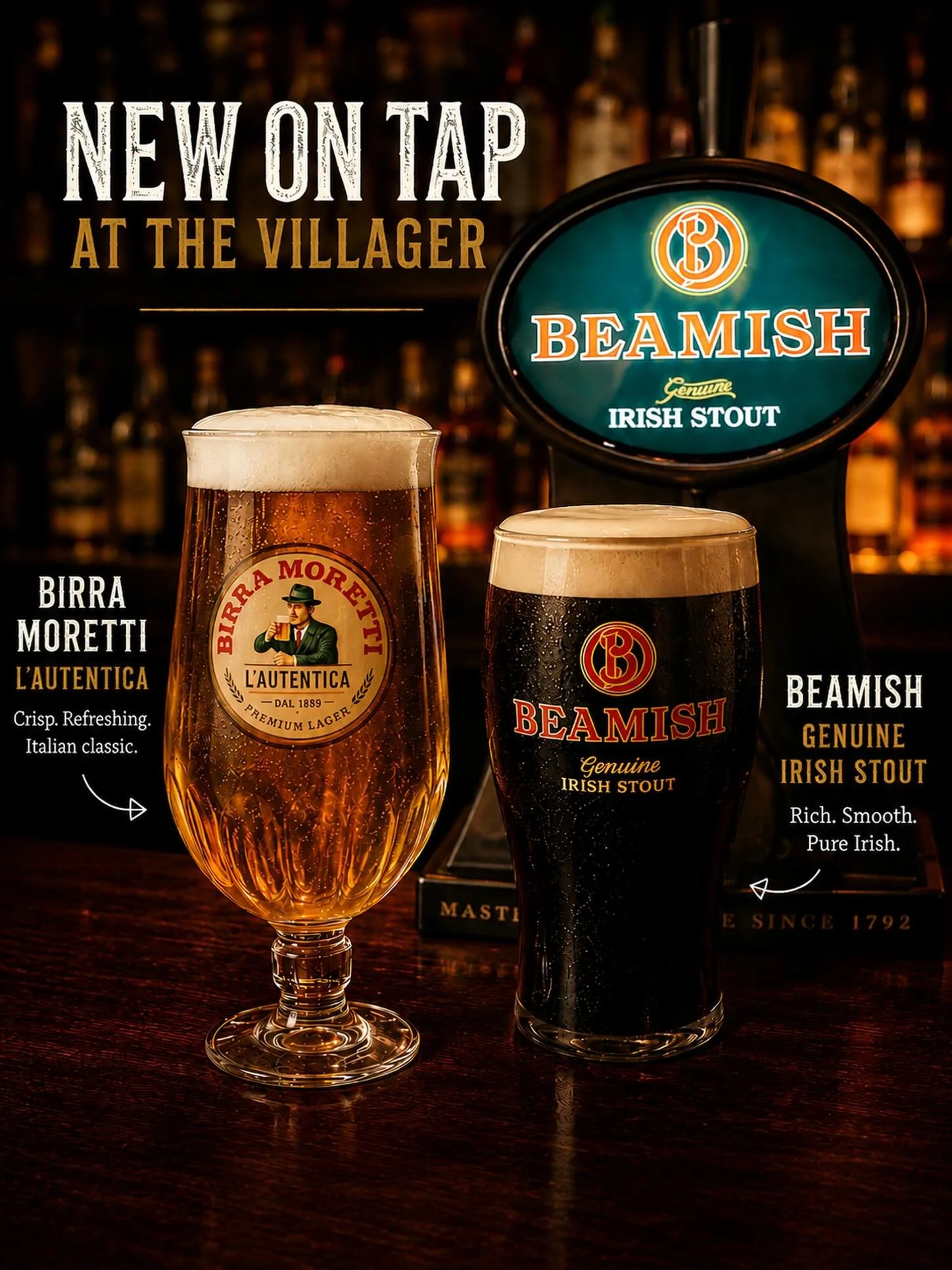 Something new is pouring at The Villager 🍻

Now on tap:
🍺 Beamish Genuine Irish Stout
🍺 Birra Moretti L&rsquo;Autentica

Whether you&rsquo;re in the mood for a smooth Irish stout or a crisp Italian lager, we&rsquo;ve got your next pint ready.