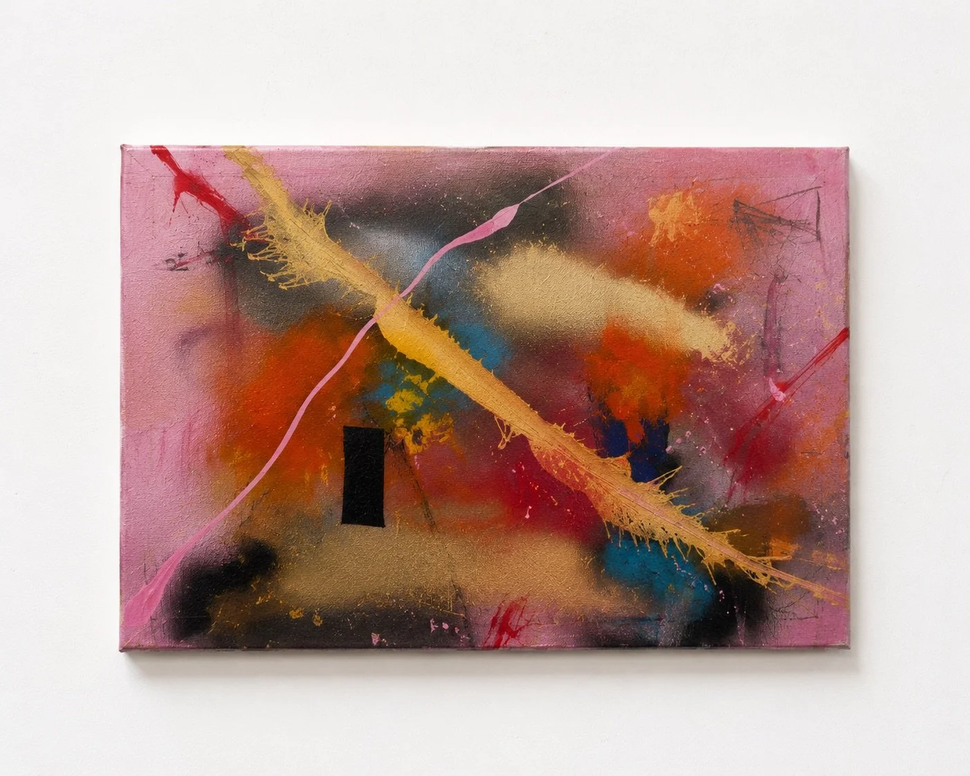 “Egomaniac” 12x16in (acrylic, oil, spray paint, charcoal pencil, and black tape on canvas) - $675