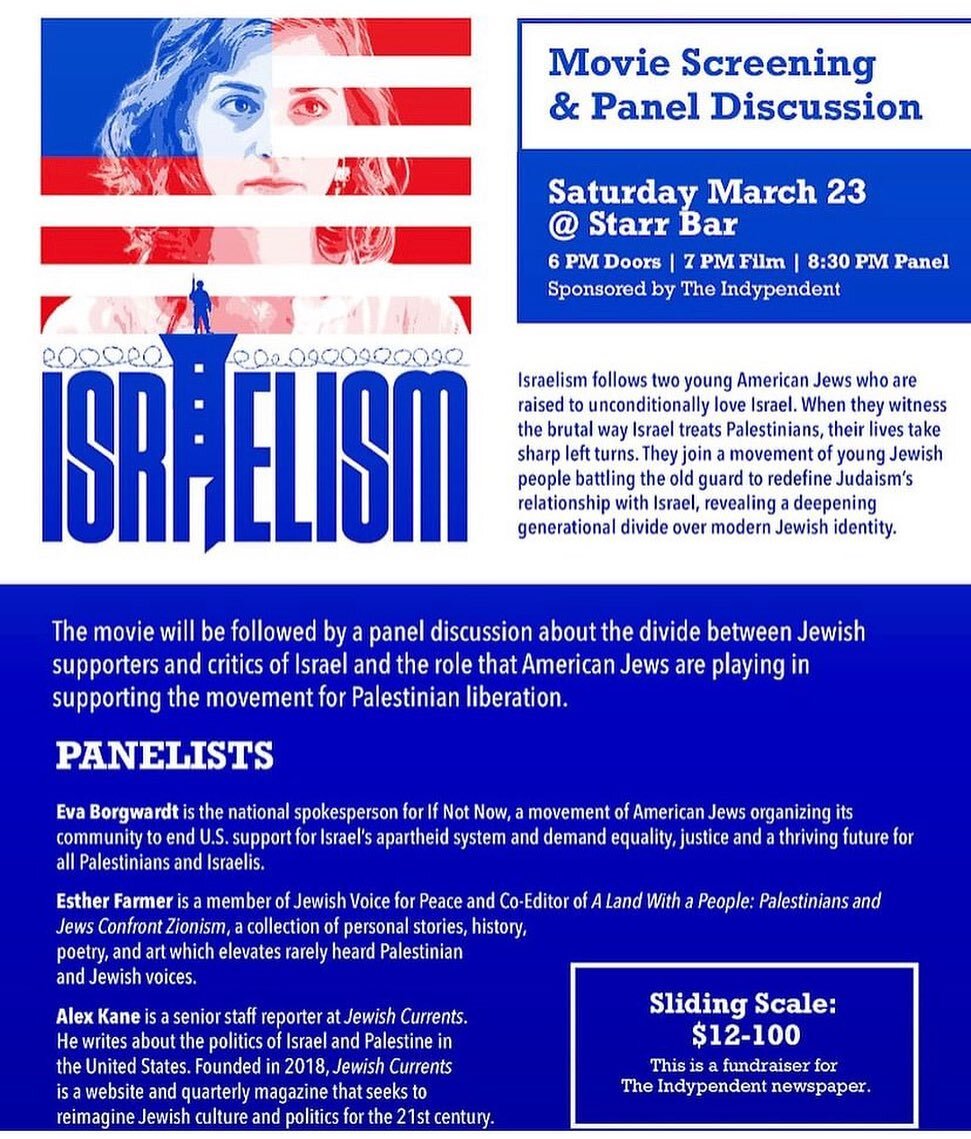 Tonight! @theindypendent and @starrbarbk are hosting a screening of the new film, Israelism. Younger Jewish Americans are increasingly breaking with their community&rsquo;s uncritical support for Israel to demand justice for Palestinians. Then stick 
