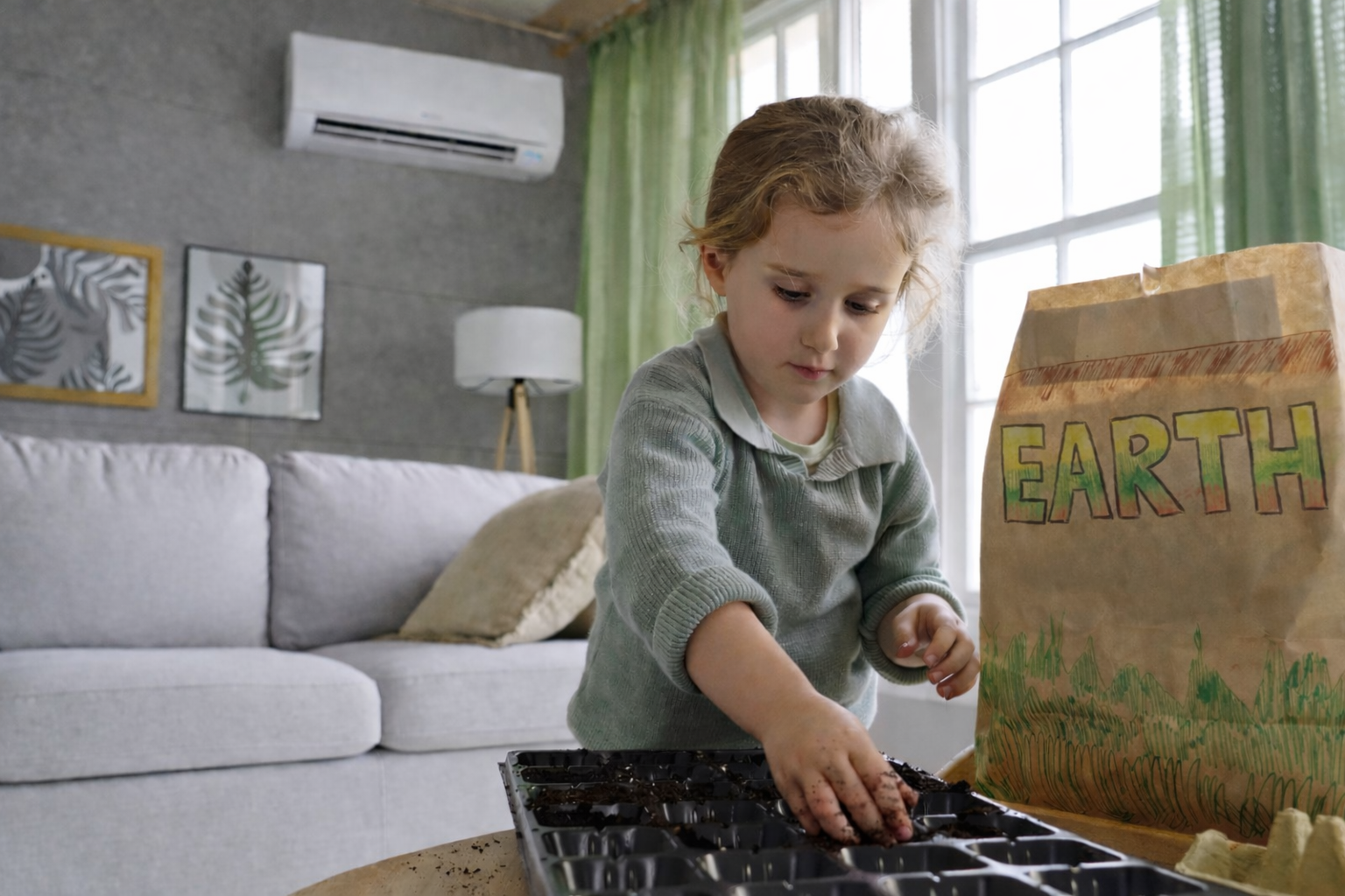 Young girl planting seed starters indoors with heat pump mini split in the background