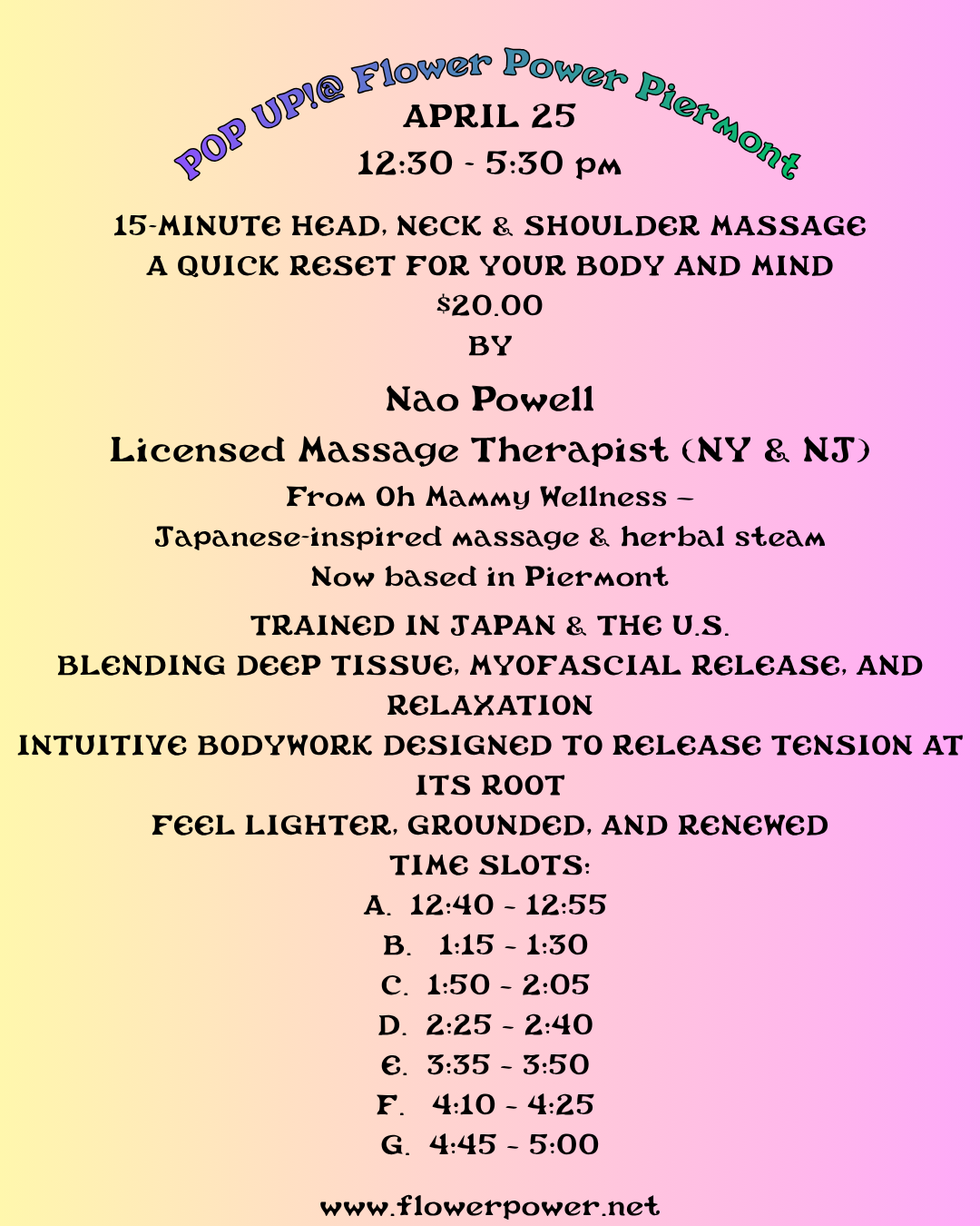 Healing touch that reconnects your body Enjoy a magical moment with your choice of three curated oils by Lata 15-Minute Head, Neck & Shoulder Massage A quick reset for your body and mind $20 Nao P.png
