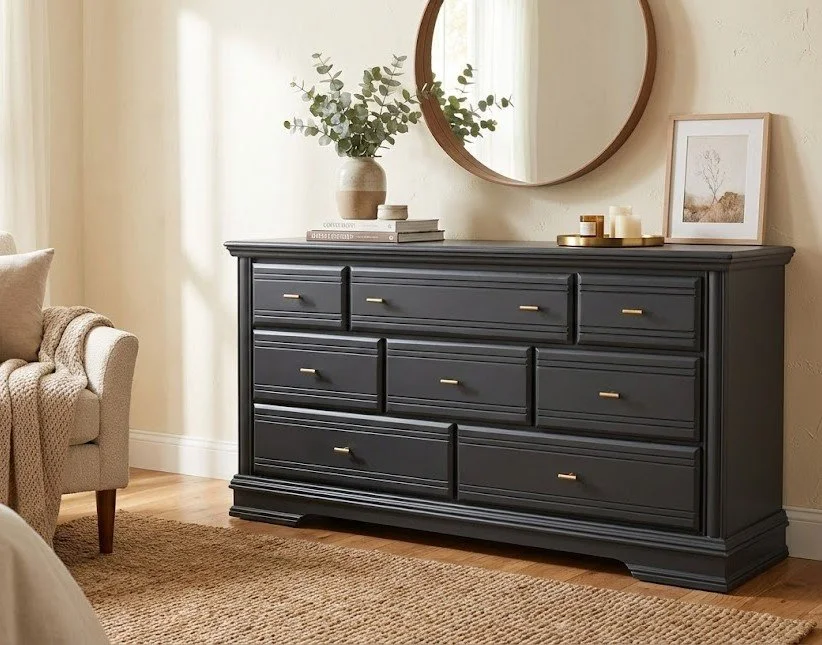 The Ultimate Statement Piece 🖤✨ Nothing says "high-end" like a deep matte Charcoal black finish paired with minimalist gold hardware. This nine-drawer dresser offers incredible storage without sacrificing style. It&rsquo;s the perfect anch