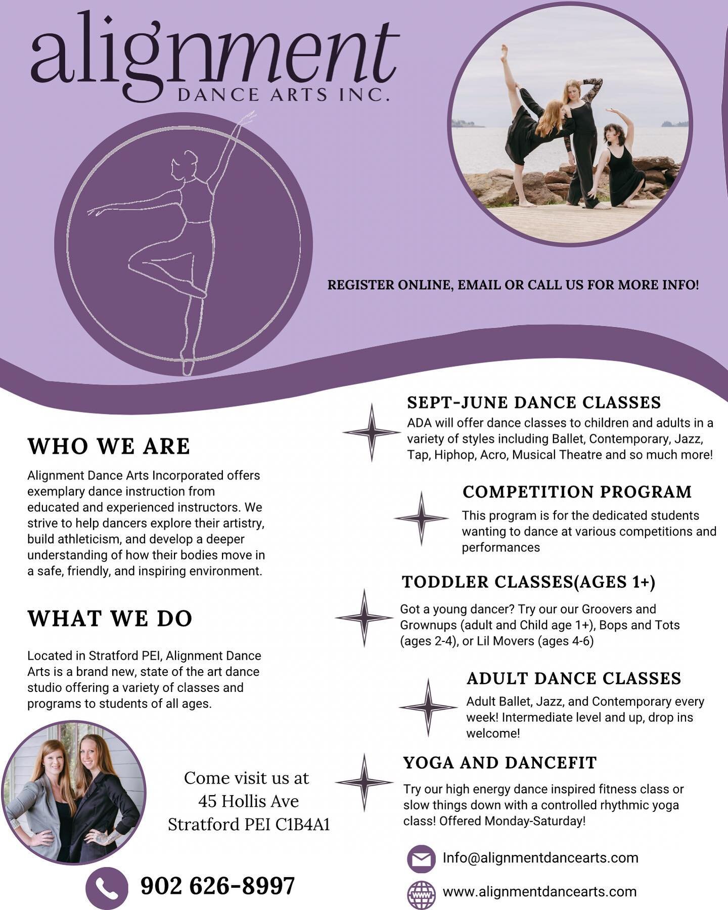 Alignment Dance Arts 

Here at ADA we offer a variety of classes taught by experienced and educated instructors. Starting September 12 we have a full schedule of classes including Baby and Toddler dance, Ballet, Contemporary, HipHop, Acro, Jazz, Tap,