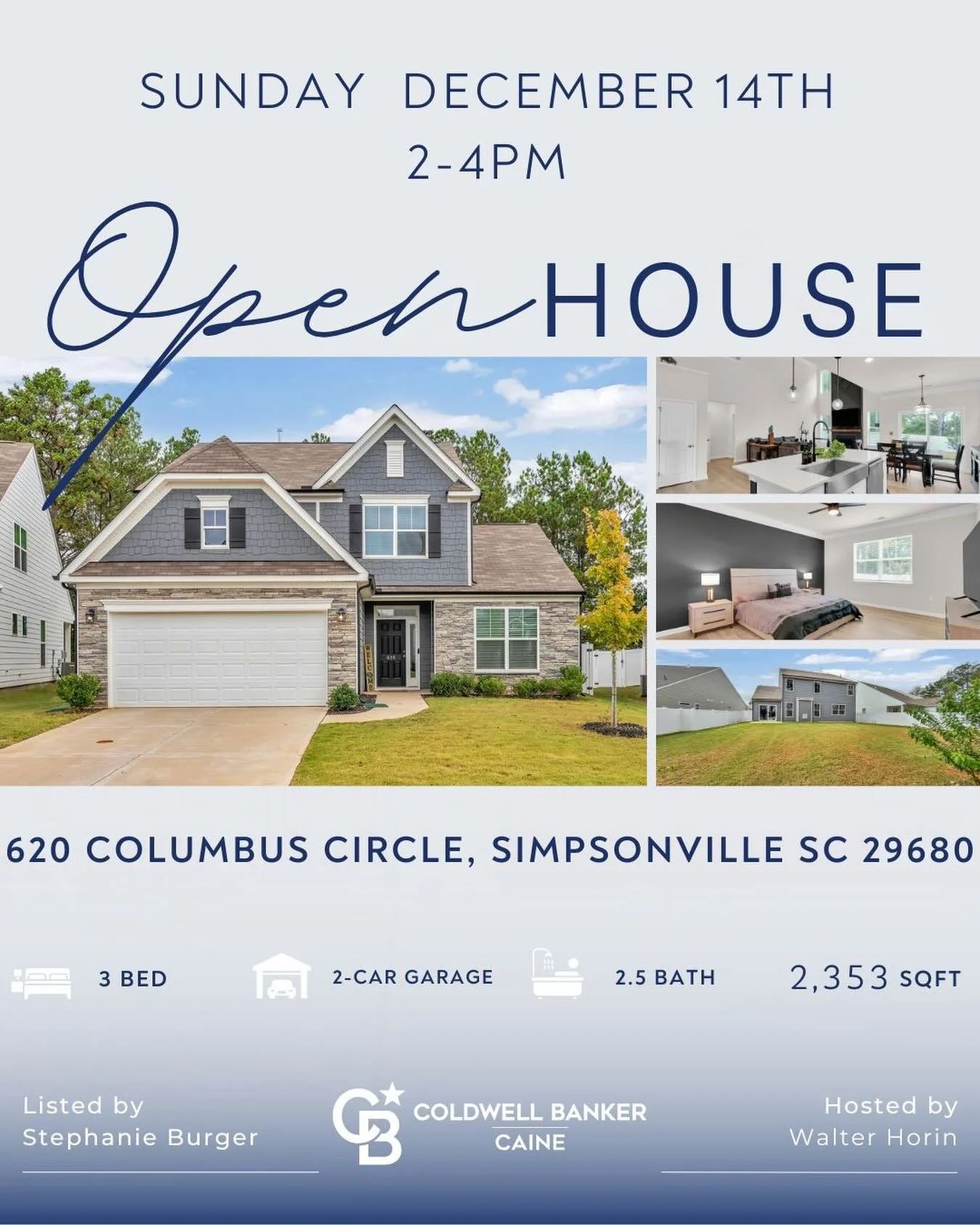🌟Open House🌟 

📍 620 Columbus Circle &bull; Simpsonville, SC &bull; Greenrich Mill
Sunday 12/14 from 2&ndash;4pm
Hosted by Walter Horin

&bull;2024-built Craftsman with stone + hardboard exterior
&bull;Warm, welcoming foyer with wainscoting
&bull;