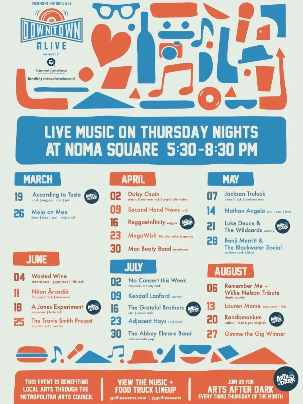 Downtown Alive is back!! 🎶 

Greenville does such an amazing job of creating a sense of community downtown. This weekly music event starts March 19th and goes until August 27th! 

Check out the set list to plan your Thursdays all summer long! 🎵☀️ 
