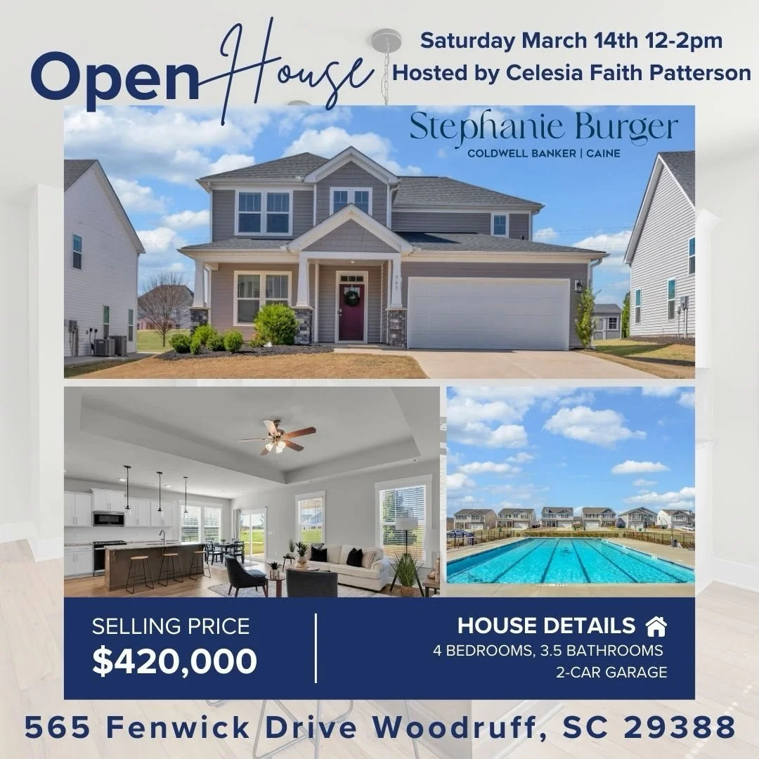 OPEN HOUSE!! 🌟 

📍 565 Fenwick Drive in Woodruff, SC 
Saturday from 12-2pm
Hosted by Celesia Faith Patterson with Coldwell Banker Caine

Space, comfort, and a lifestyle to match! 

Welcome to Anderson Grant in Woodruff.
This nearly new Middleton fl