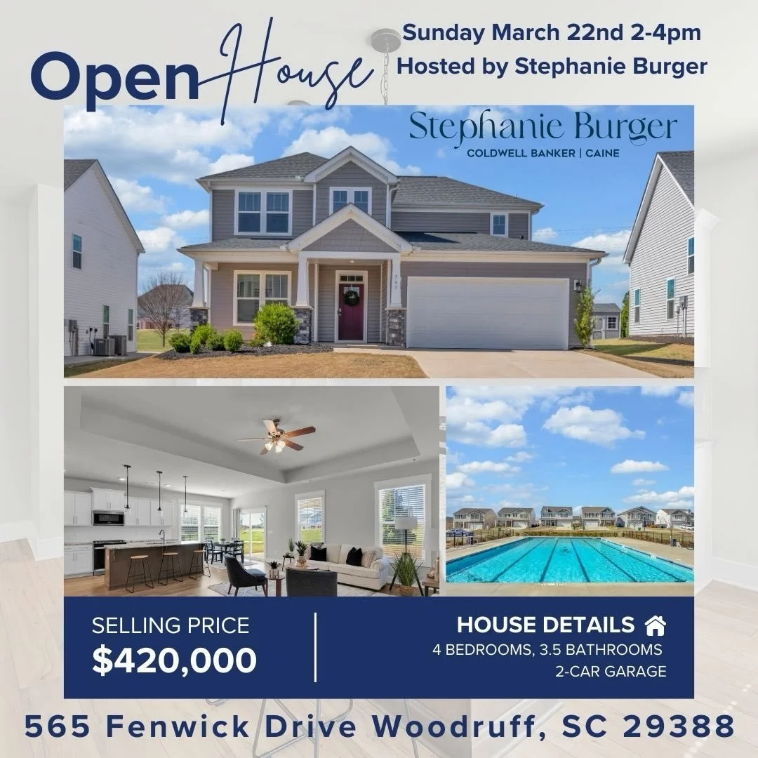 🌟OPEN HOUSE!!🌟 

 📍 565 Fenwick Drive in Woodruff, SC 
⏰Sunday March 22nd from 2-4pm
Hosted by Stephanie Burger with Coldwell Banker Caine

Space, comfort, and a lifestyle to match! 
Welcome to Anderson Grant in Woodruff.
This nearly new Middleton