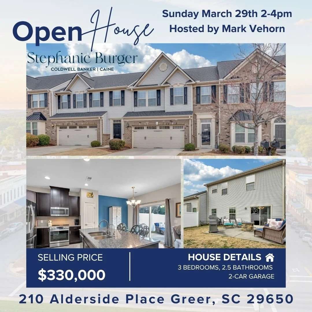 🏡 OPEN HOUSE &ndash; Don&rsquo;t Miss This!
Join us Sunday, March 29th from 2&ndash;4PM to tour this beautifully maintained townhome in Riverside Commons! Hosted by Mark Vehorn with Coldwell Banker Caine.
📍 210 Alderside Place, Greer, SC
✨ 3 Bedroo