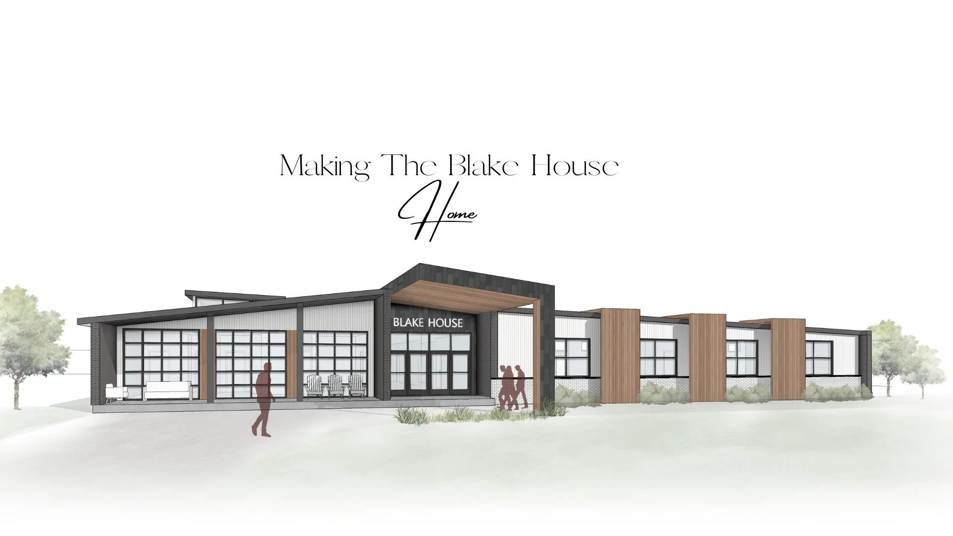 Architectural rendering of the Blake House, a modern home with large windows, wooden accents, and a landscaped front yard, featuring people walking near the entrance.
