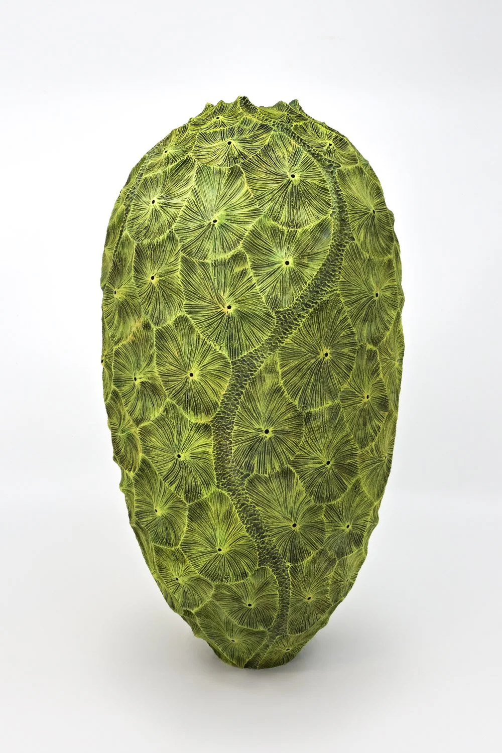 Vivid spring green colored CORAL REEF ~ Maple Vase  Turned wood, carved and textured with pyrography, painted with India ink and acrylics. Dimensions: 12.5"h x 6.25"w