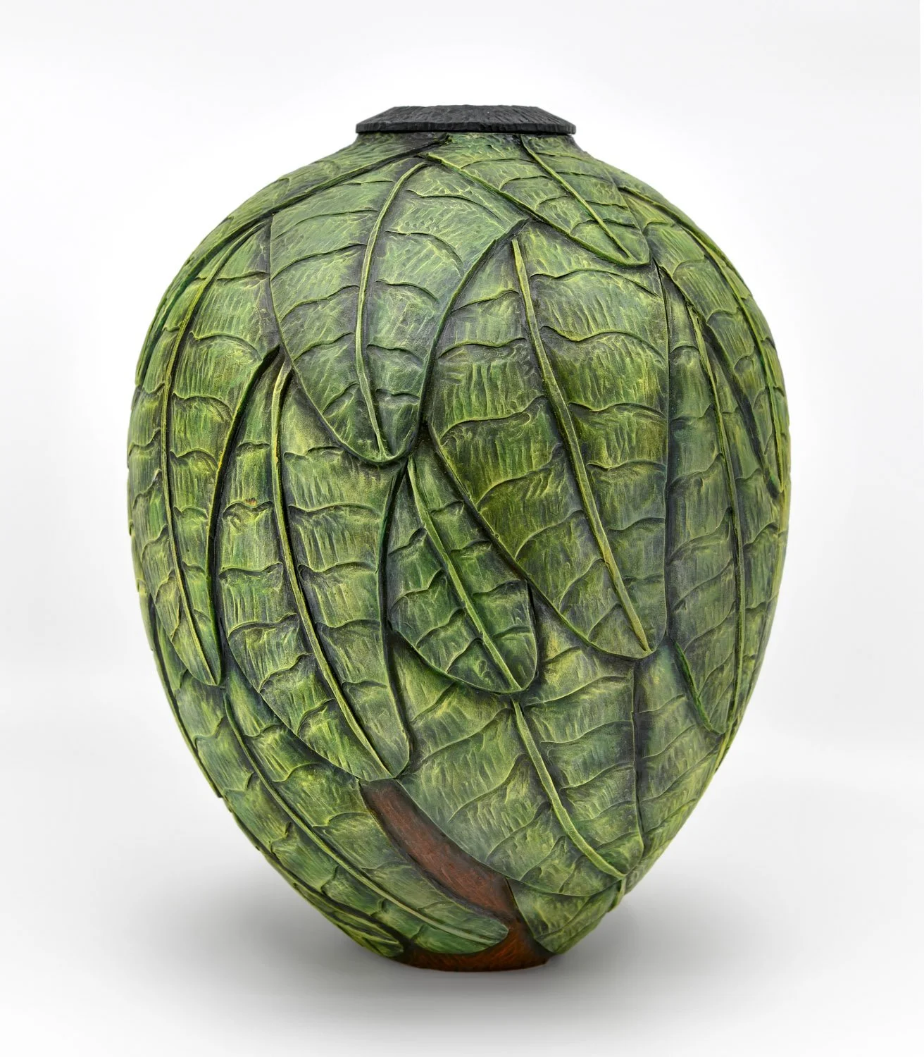 Bold light and dark lime green colore THE JUNGLE ~ Maple Vase  Turned wood, carved and textured with pyrography, painted with India ink and acrylics. Dimensions: 11.5"h x 8"w