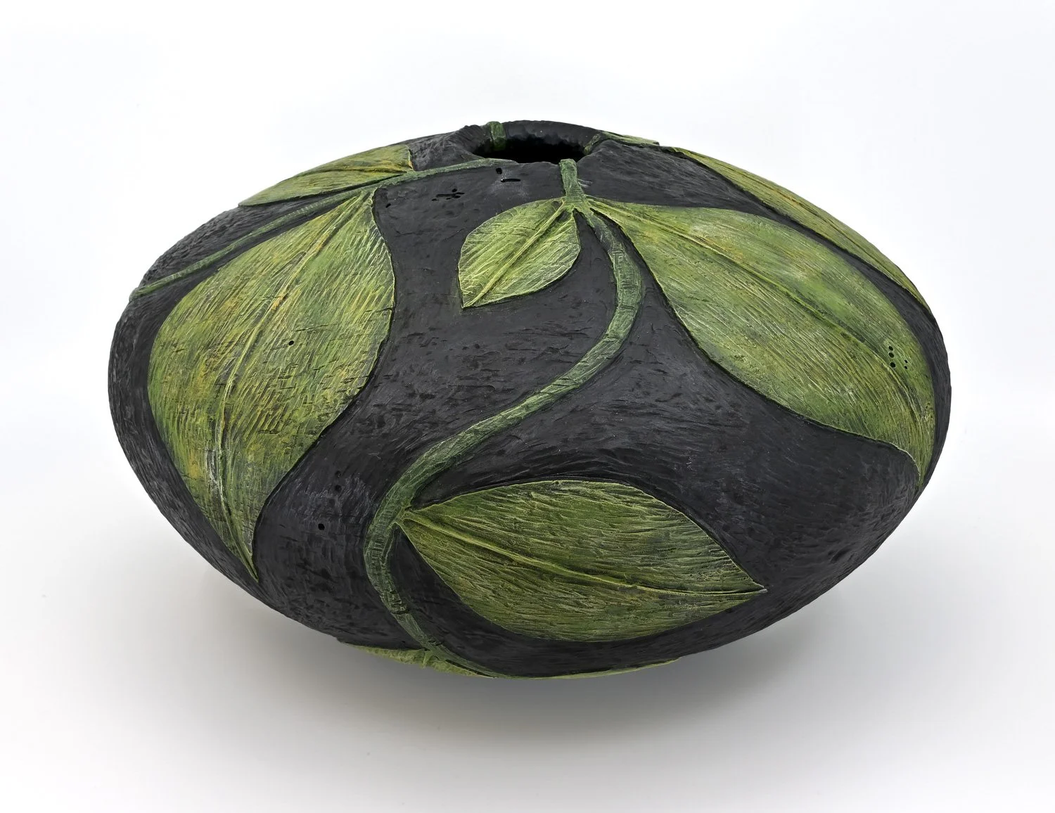 Black and olive green VINES #2 ~ Maple Vase  Turned wood, carved and textured with pyrography, painted with acrylics. Dimensions: 7.5"h x 12.5"w