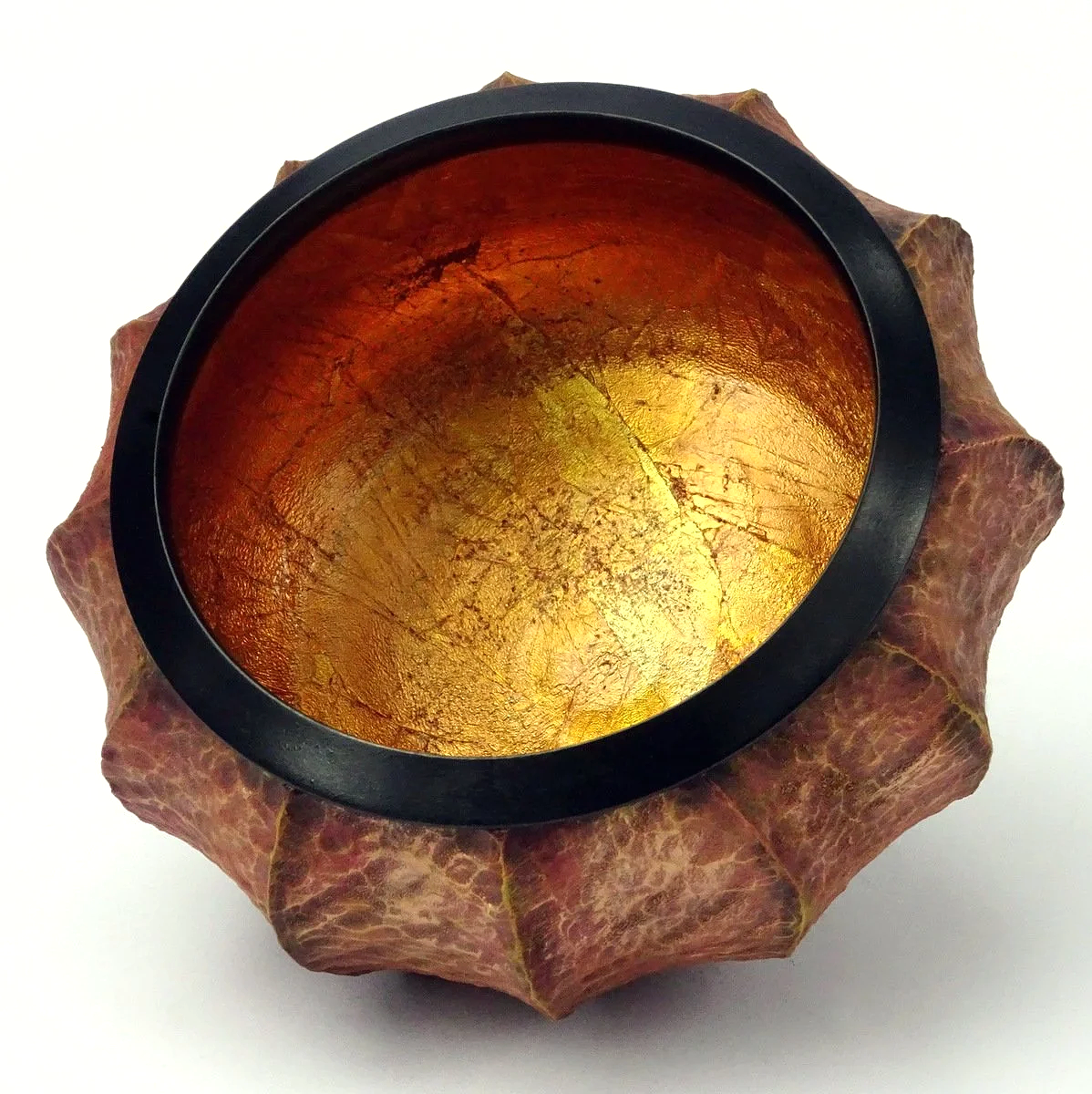 Sculptural wood ribbed vessel with black rim and gold interior. Fine craft woodworking by Steve Miller.