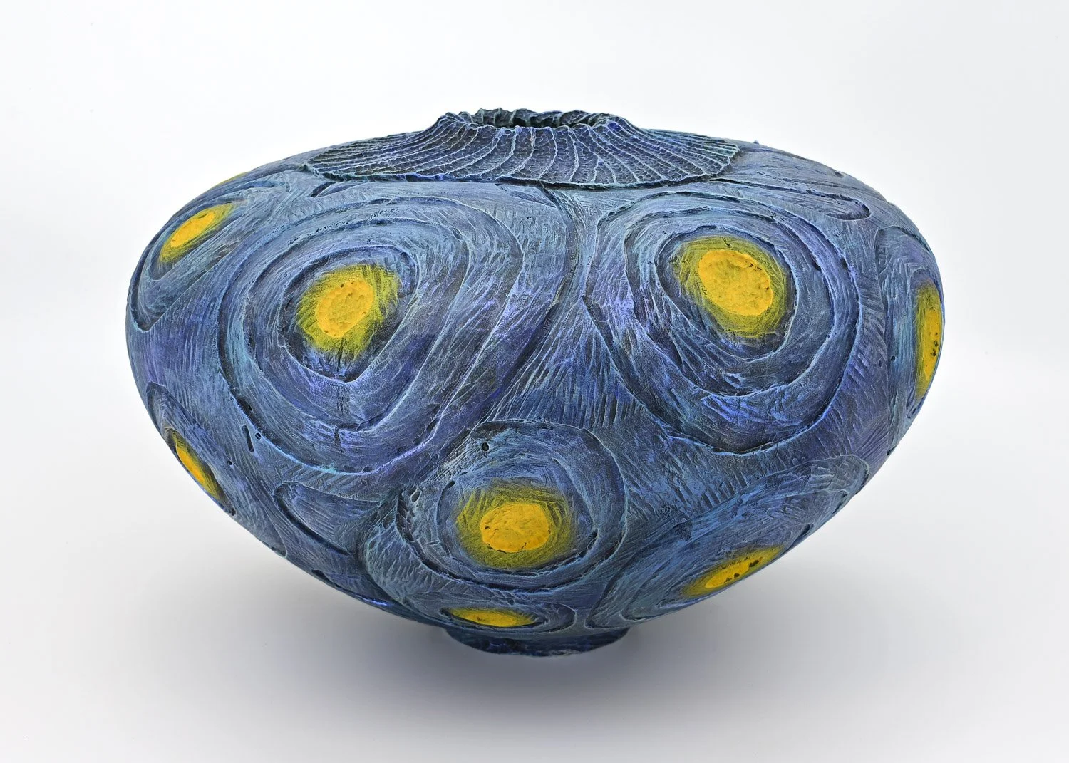 Bright blue and sunshine yellow toned TOPO MAP #2 ~ Maple Vase  Turned wood, carved, painted with India ink and acrylics. Dimensions: 6"h x 9"w