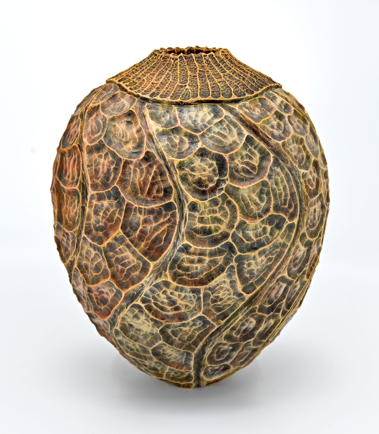 Gold and rust toned SLIDING SCALES ~ Oak Vase  Turned wood, carved and textured with pyrography, painted with acrylics. Dimensions: 9"h x 7"w