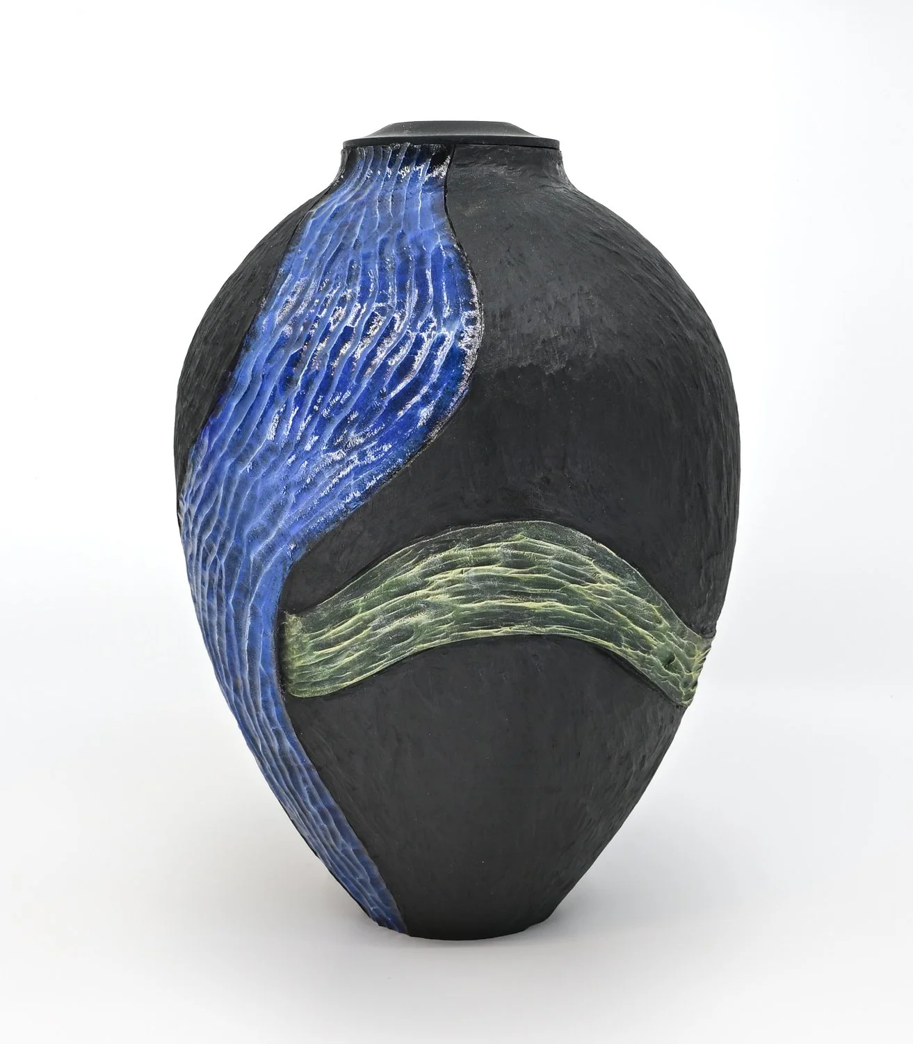 FALLING WATER ~ Maple Vase  Turned wood, carved and textured with pyrography, painted with India ink and acrylics. Dimensions: 10.5"h x 7"w