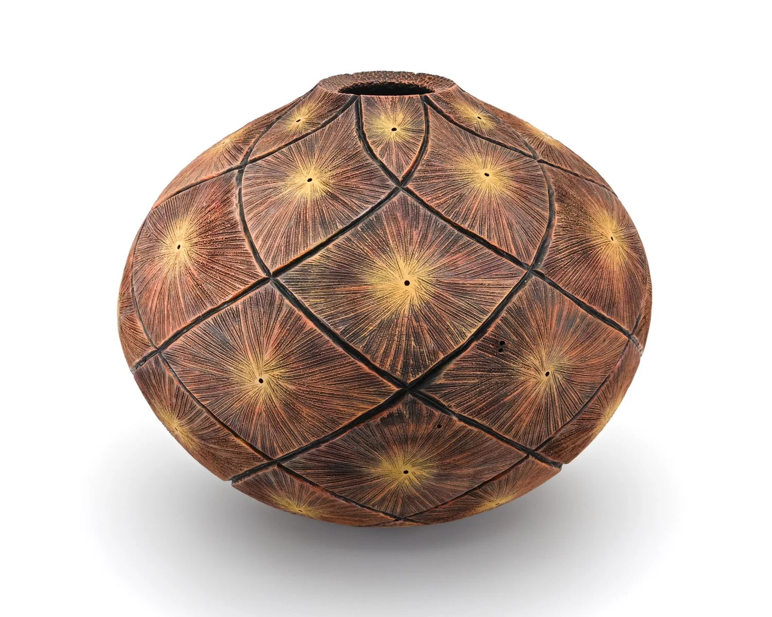 Gold and brown STARBURST ~ Maple Vase  Turned wood, carved and textured with pyrography, painted with India ink and acrylics. Dimensions: 7"h x 9"w