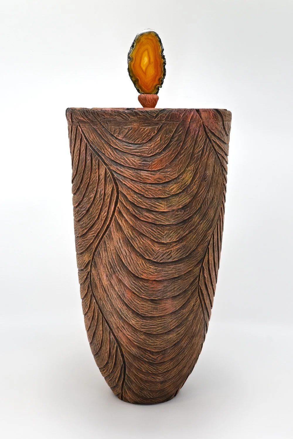 SWIRLING SCALES ~ Burnt orange colored, Cherry Sculptural Vessel w/Brazilian Geode Finial  Turned wood, carved and textured with pyrography, painted with India ink and acrylics. Dimensions: 17"h x 7"w
