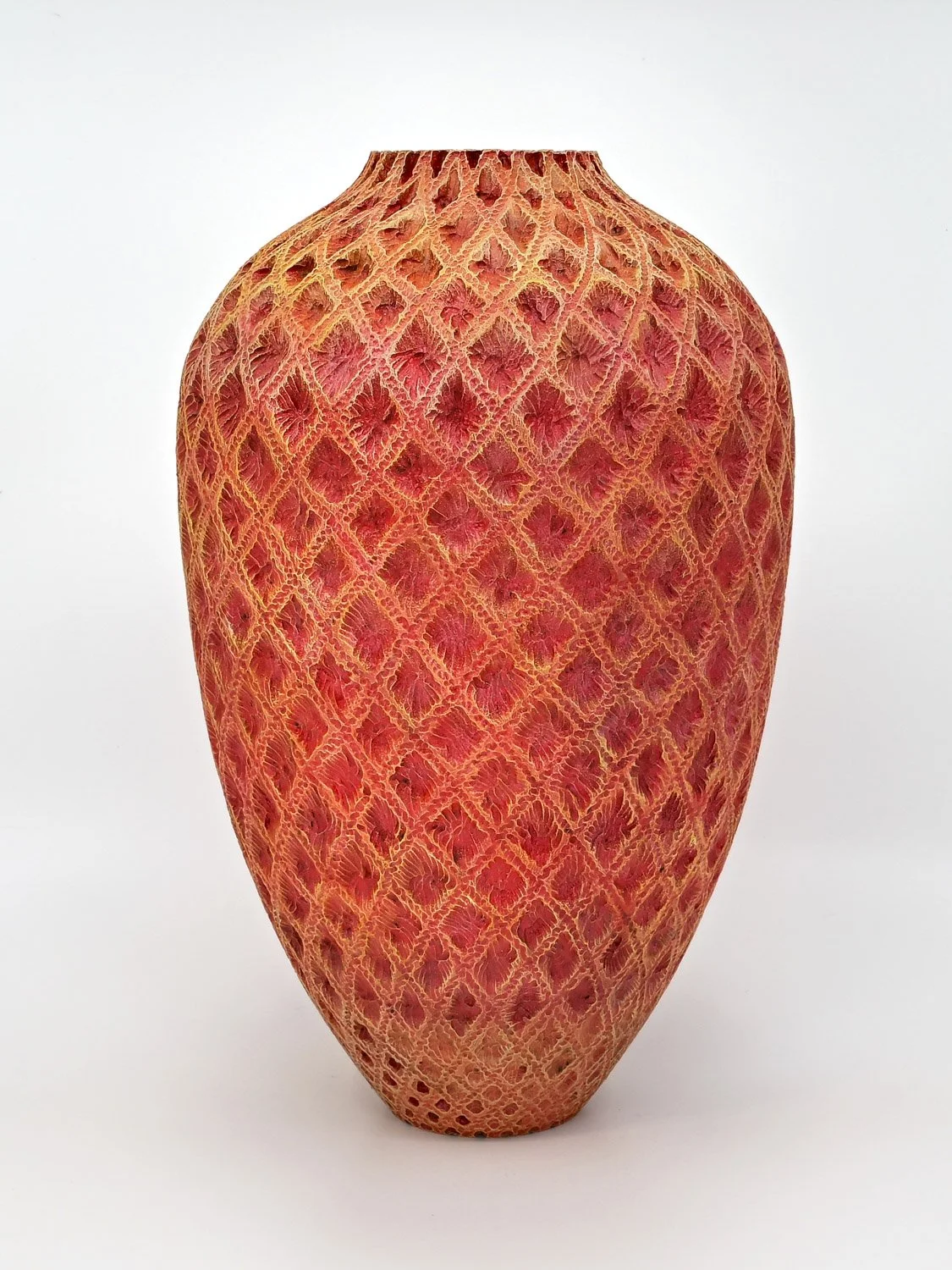 ORANGE DIAMONDS ~ Maple Vase  Turned wood, carved and textured with pyrography, painted with acrylics. Dimensions: 10"h x 6"w