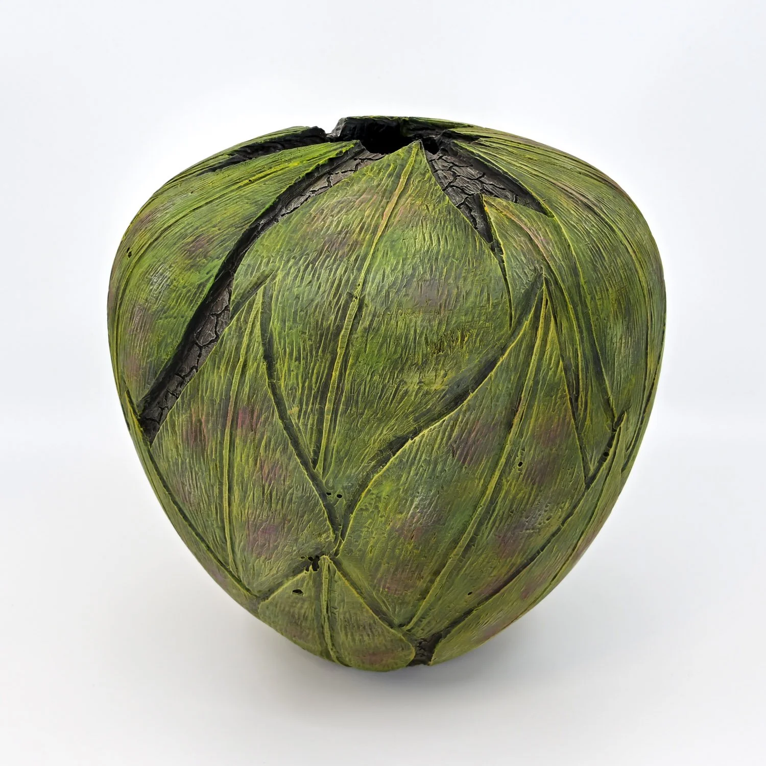 Jungle green UNFOLDING LEAVES ~ Maple Vase  Turned wood, carved and textured with pyrography, painted with India ink and acrylics. Dimensions: 8.5"h x 8"w