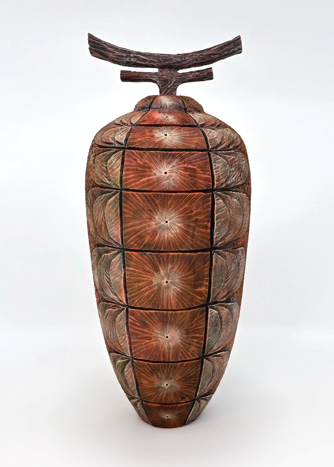 ASIAN VESSEL ~ Reddish brown, Maple w/Branch Finial  Turned wood, carved and textured with pyrography, painted with India ink and acrylics. Dimensions: 14.5"h x 5.5"w